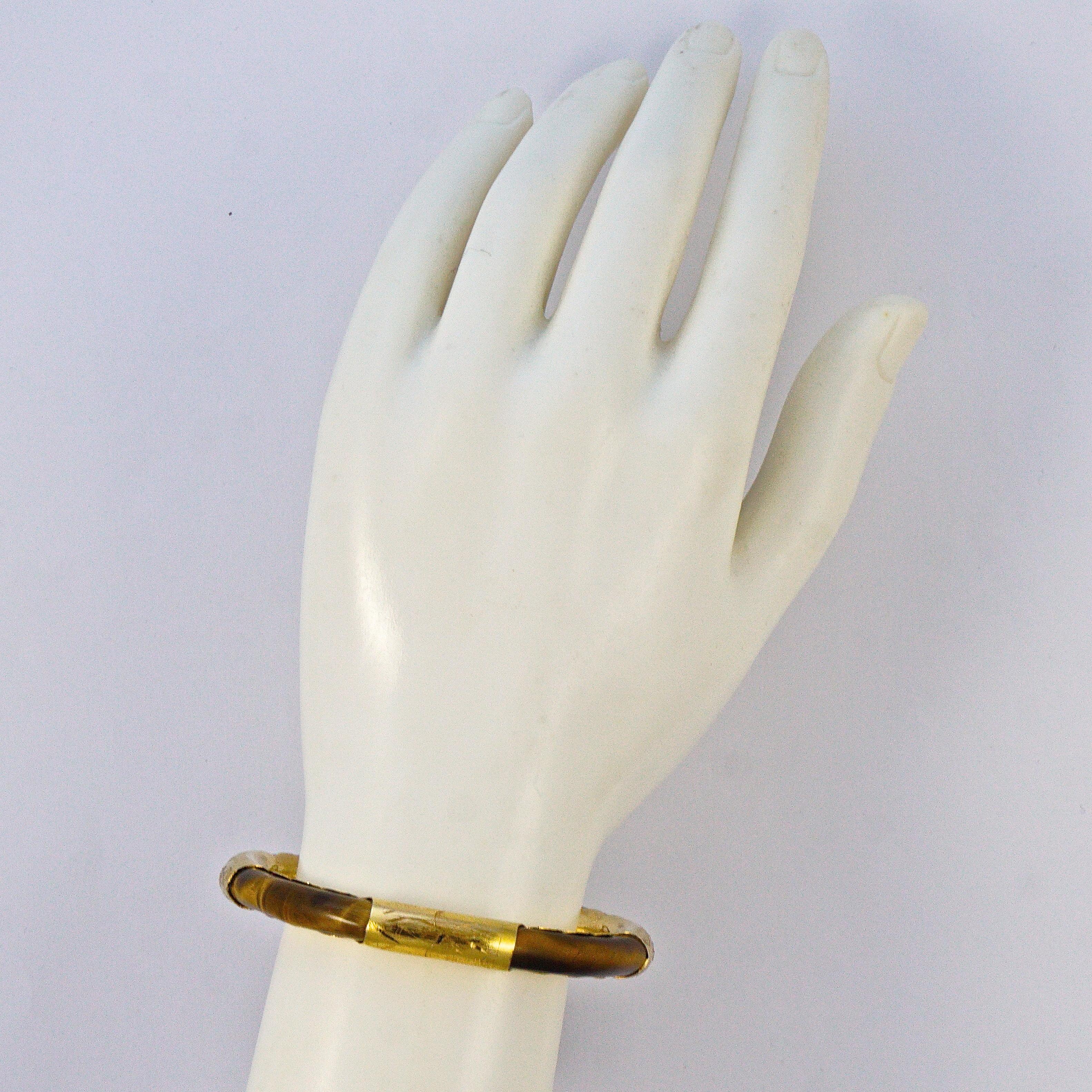 Chinese Silver Gilt and Tigers Eye Bangle Bracelet with a Safety Chain 2