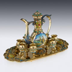 Chinese Silver-Gilt and Enamel Nanjing-Changjiang-Bridge Sake Set, circa 1970
