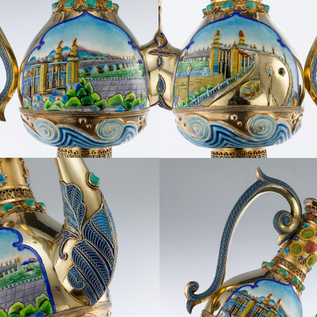 Chinese Silver-Gilt and Enamel Nanjing-Changjiang-Bridge Sake Set, circa 1970 3