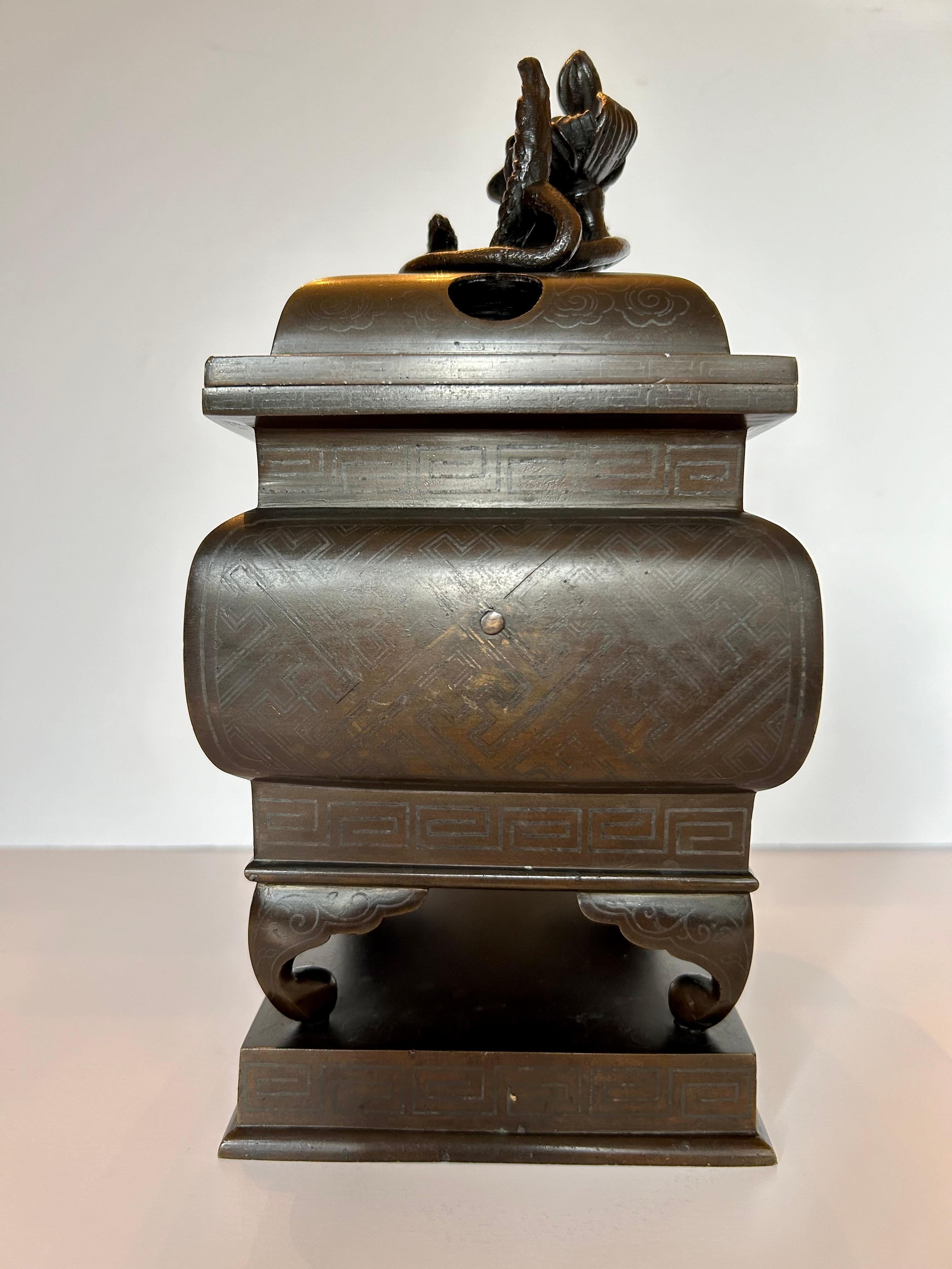 Japanese Silver Inlaid Bronze Incense Burner, 19th Century For Sale 6