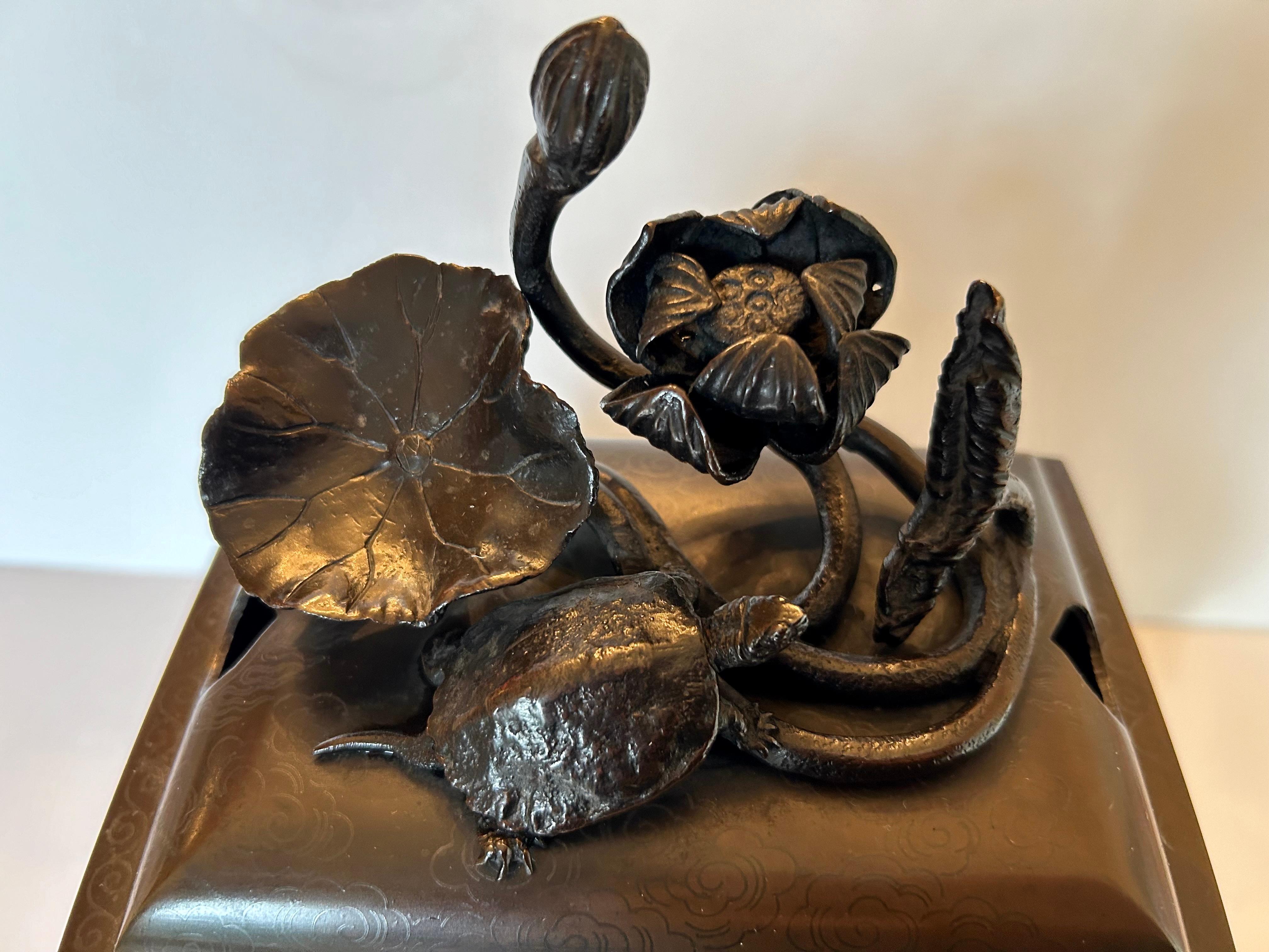 Chinese Export Japanese Silver Inlaid Bronze Incense Burner, 19th Century For Sale