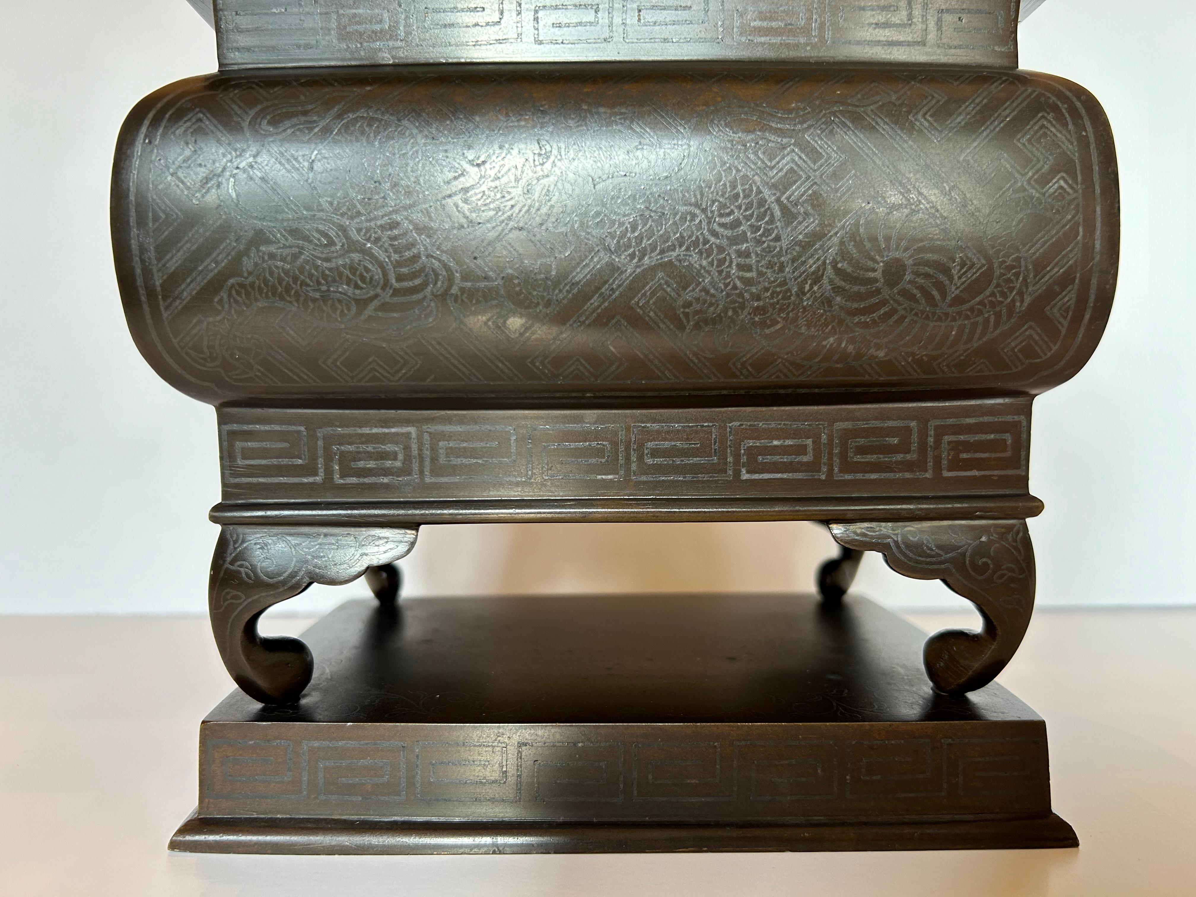 Inlay Japanese Silver Inlaid Bronze Incense Burner, 19th Century For Sale