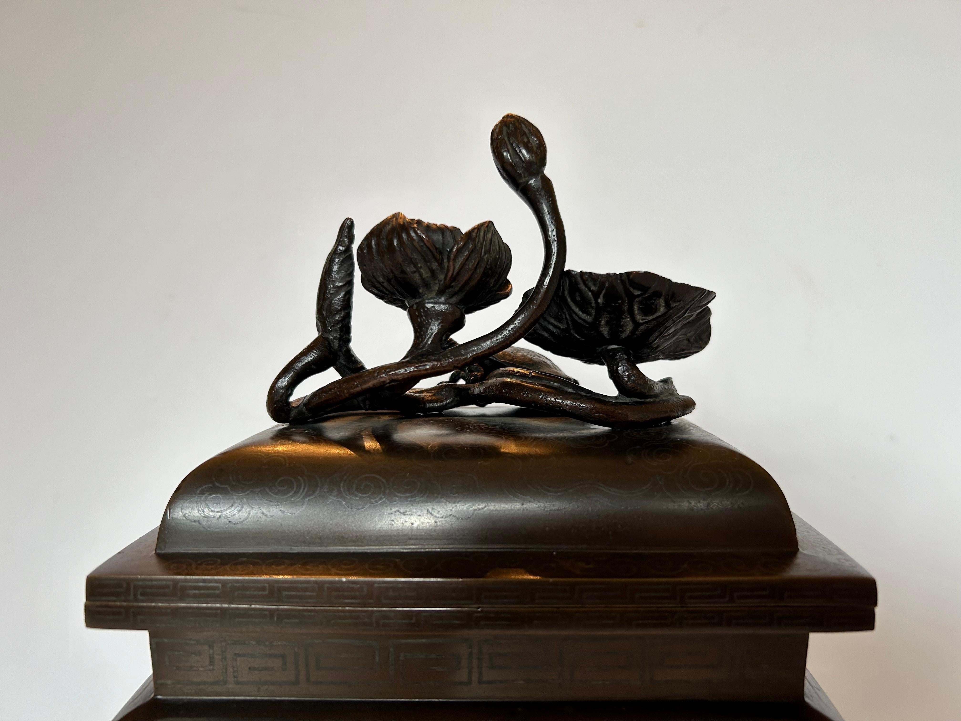 Japanese Silver Inlaid Bronze Incense Burner, 19th Century For Sale 4