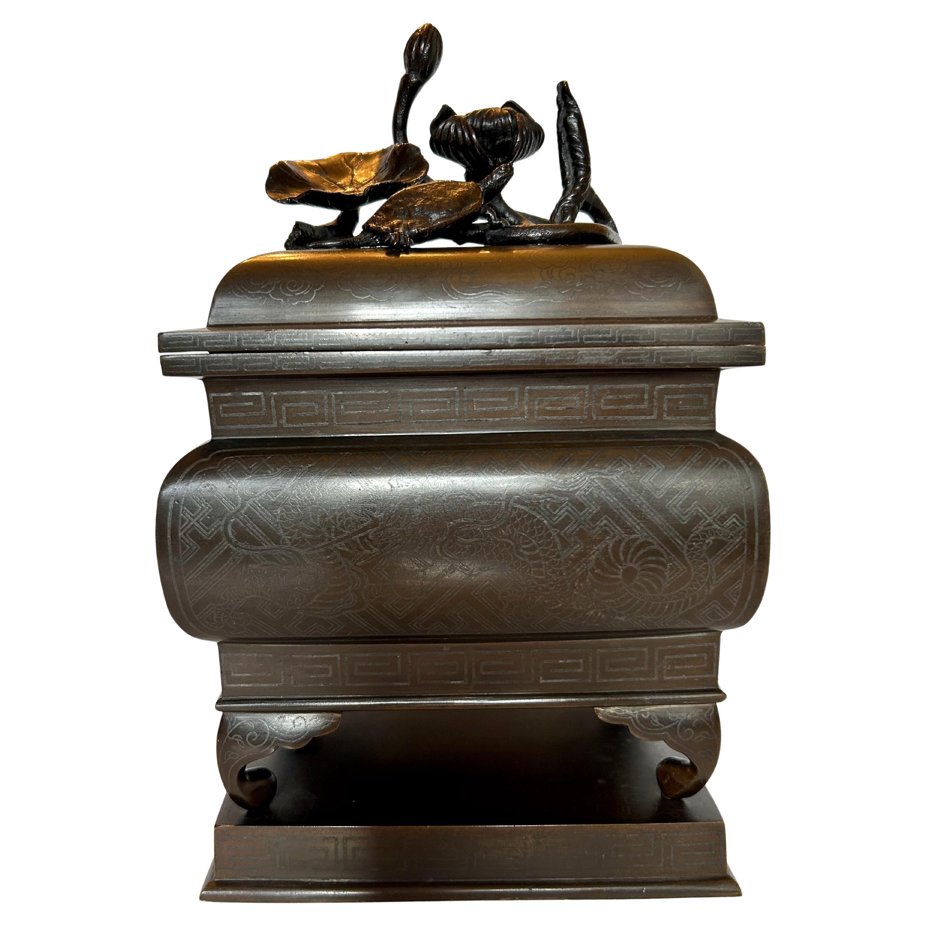 Japanese Silver Inlaid Bronze Incense Burner, 19th Century