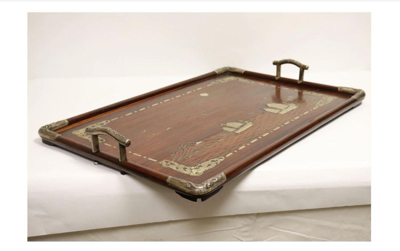 Chinese Silver Inlaid Wood Tray In Good Condition In Cypress, CA