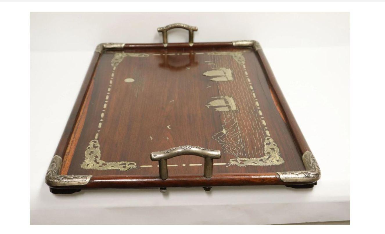 20th Century Chinese Silver Inlaid Wood Tray