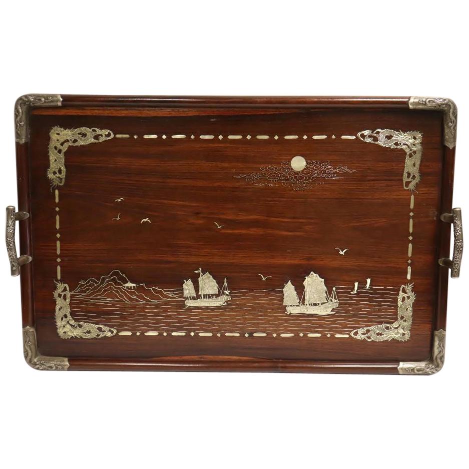 Chinese Silver Inlaid Wood Tray
