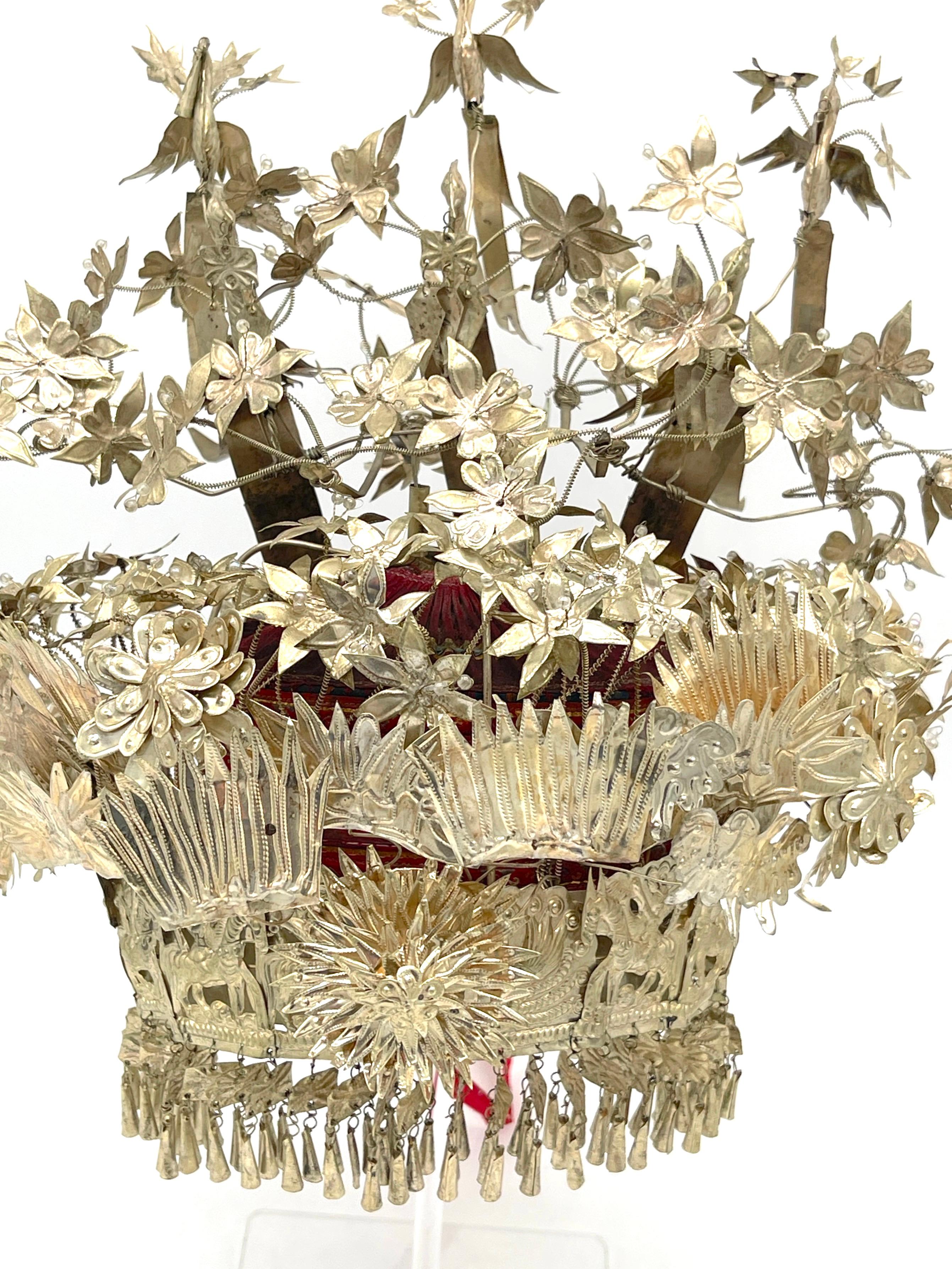 Chinese Silver & Leather Theatre Opera / Wedding Tiered Phoenix Headdress, 1920s For Sale 3