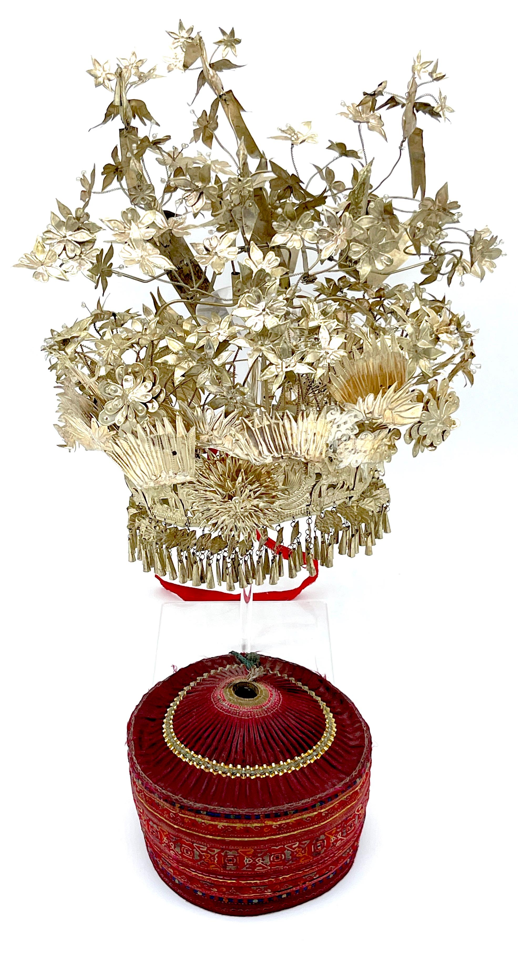 Chinese Silver & Leather Theatre Opera / Wedding Tiered Phoenix Headdress, 1920s For Sale 10
