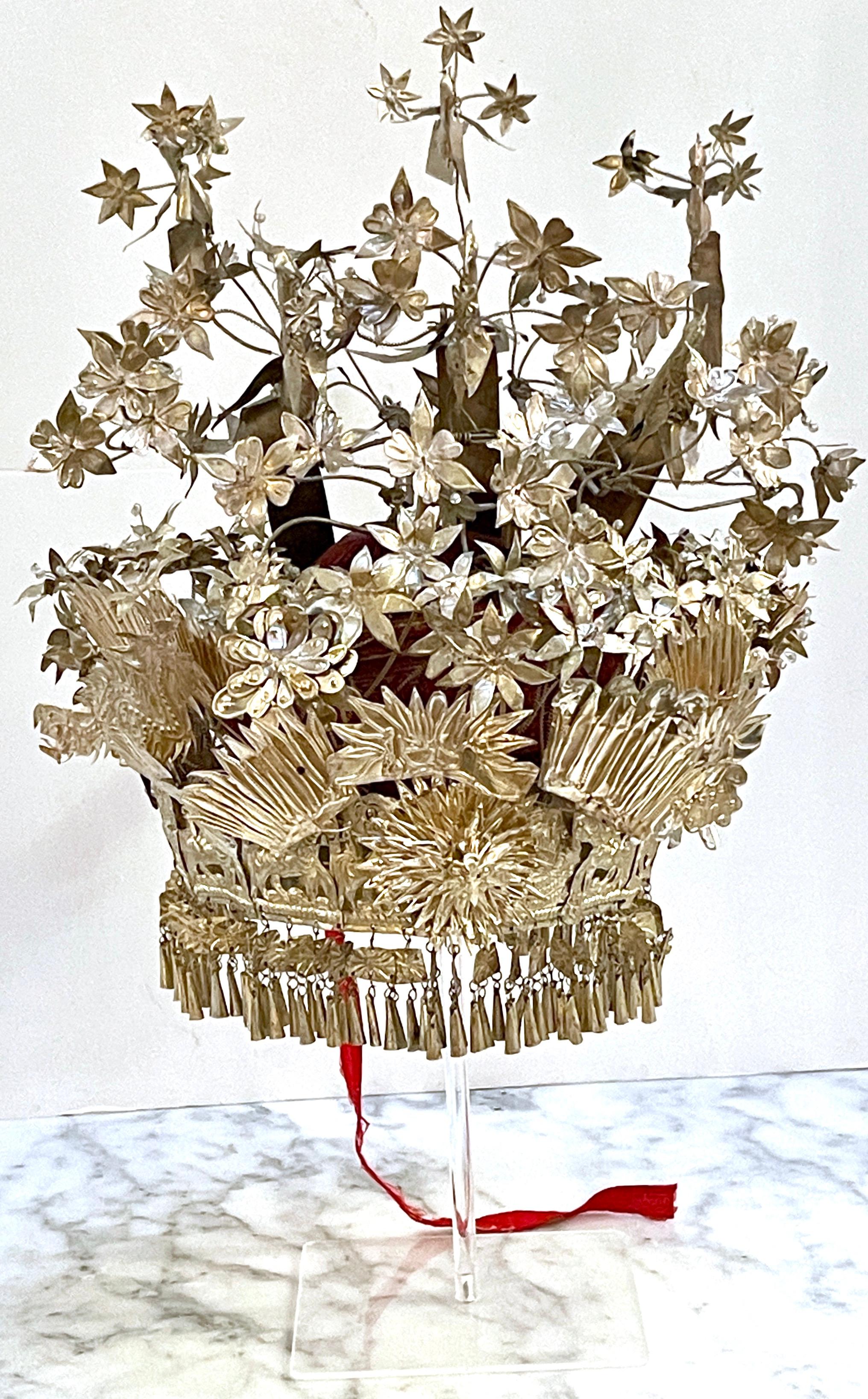 Chinese Silver & Leather Theatre Opera / Wedding Tiered Phoenix Headdress, 1920s
Silvered Metal & leather and embroidered Mandarin hat 

This Chinese silver & leather theatre opera/wedding tiered phoenix headdress, originating from the 1920s, is a