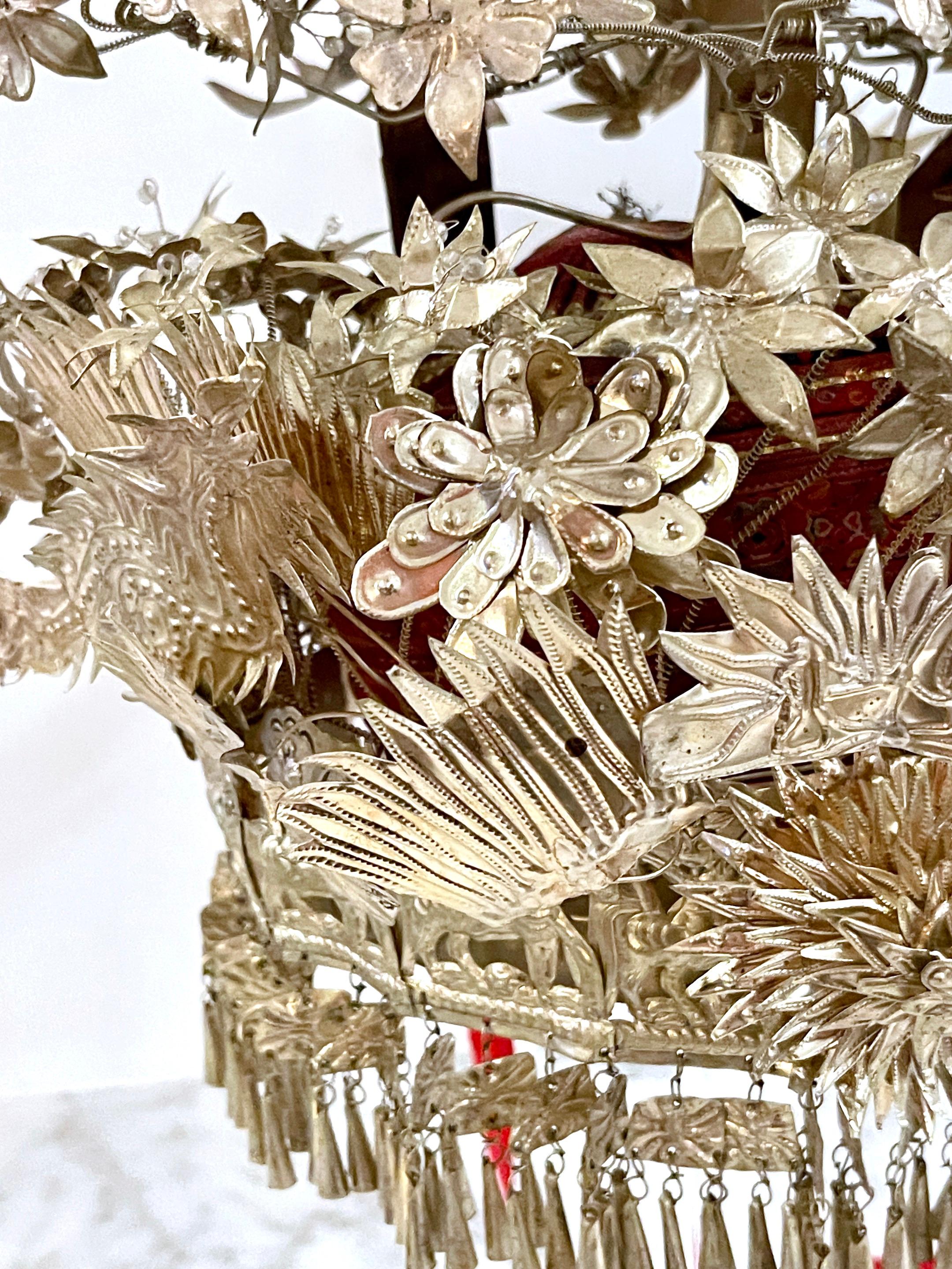 Chinese Export Chinese Silver & Leather Theatre Opera / Wedding Tiered Phoenix Headdress, 1920s For Sale