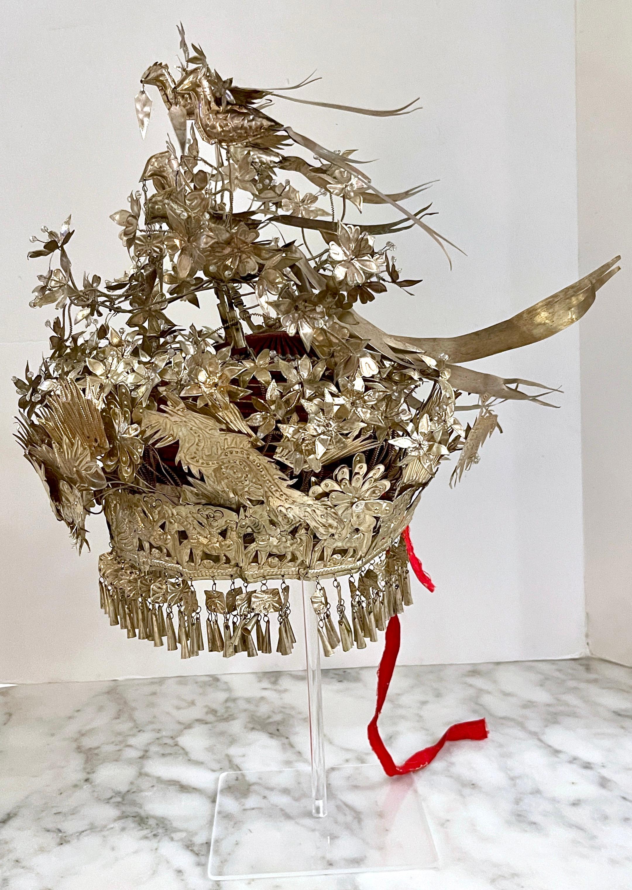 Cast Chinese Silver & Leather Theatre Opera / Wedding Tiered Phoenix Headdress, 1920s For Sale