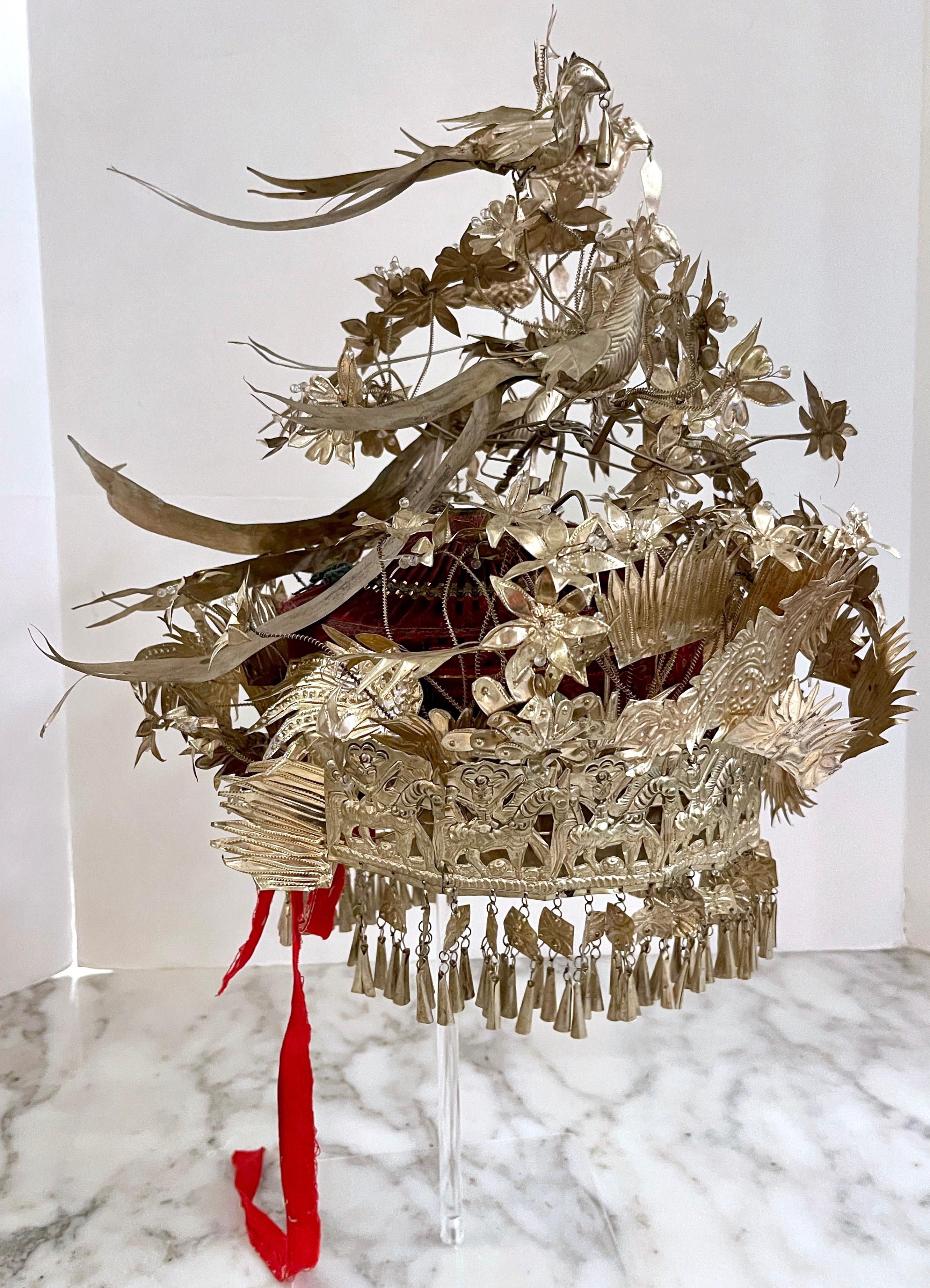 20th Century Chinese Silver & Leather Theatre Opera / Wedding Tiered Phoenix Headdress, 1920s For Sale