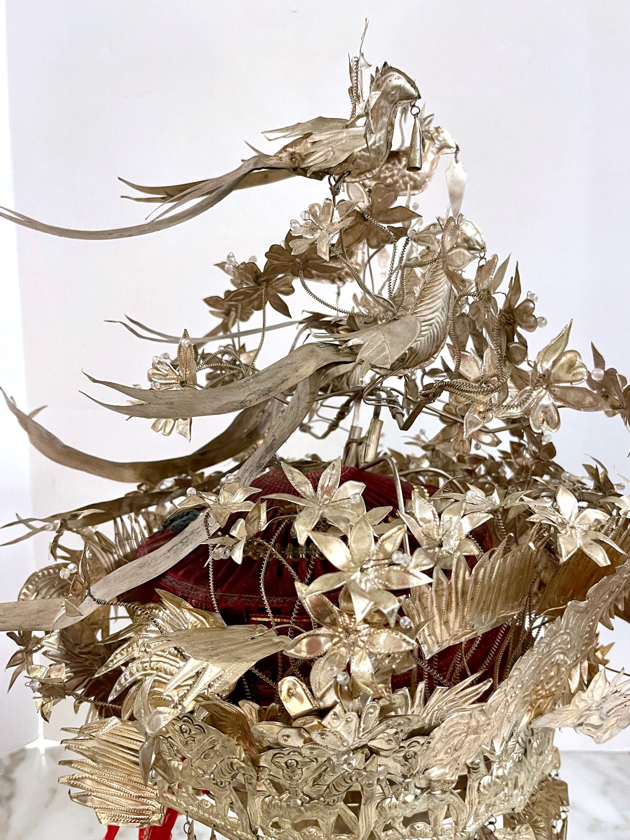 Chinese Silver & Leather Theatre Opera / Wedding Tiered Phoenix Headdress, 1920s For Sale 1
