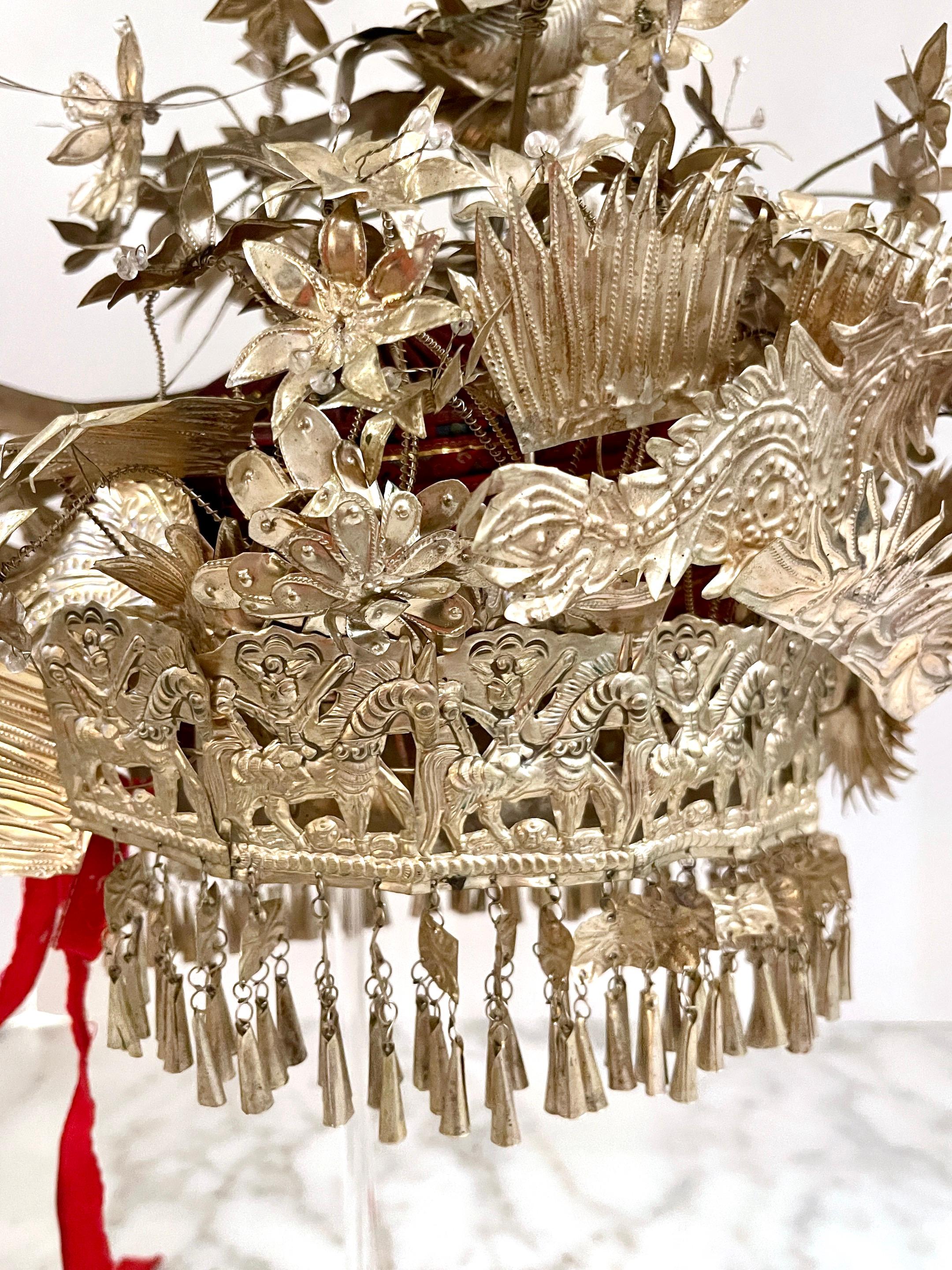 Chinese Silver & Leather Theatre Opera / Wedding Tiered Phoenix Headdress, 1920s For Sale 2