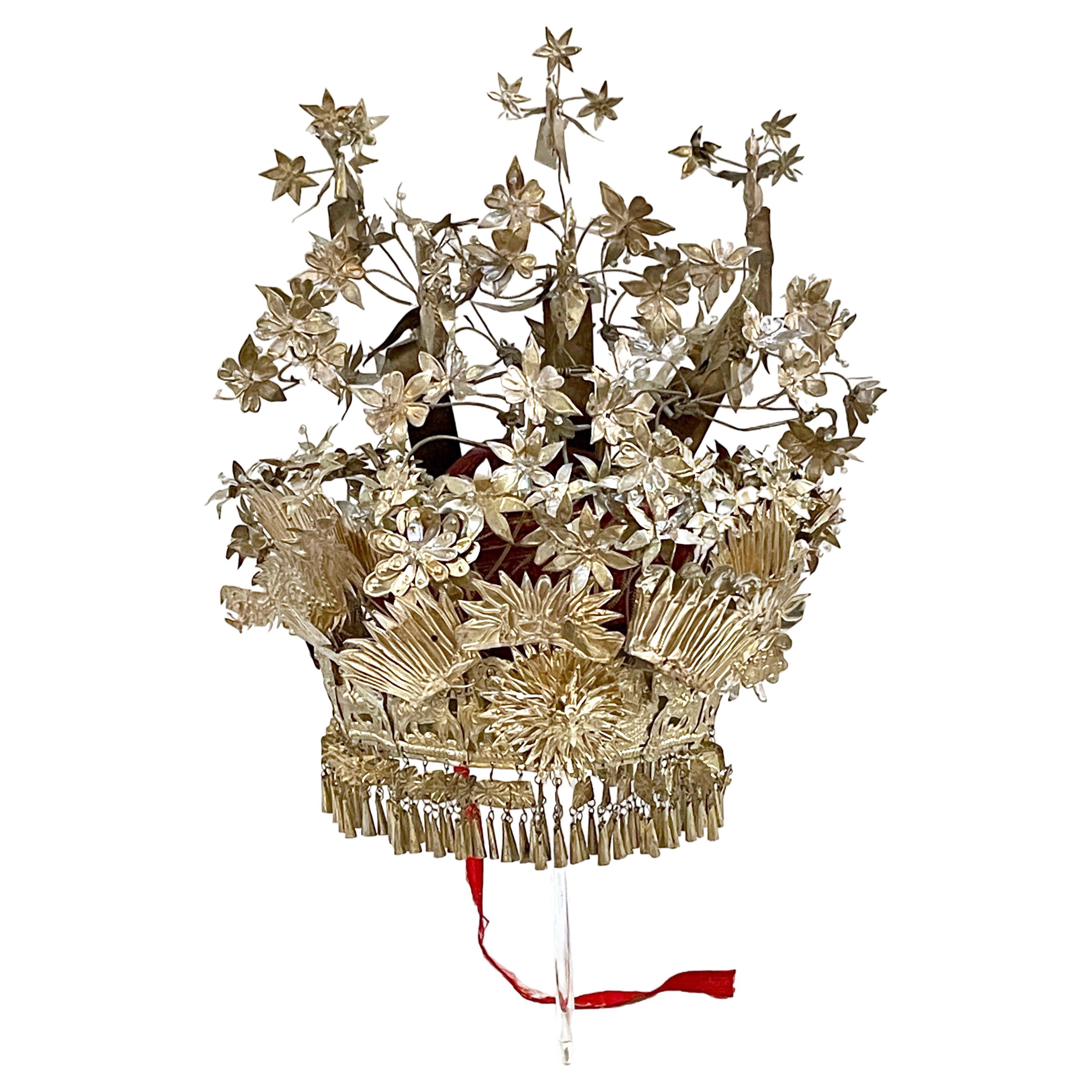Chinese Silver & Leather Theatre Opera / Wedding Tiered Phoenix Headdress, 1920s For Sale