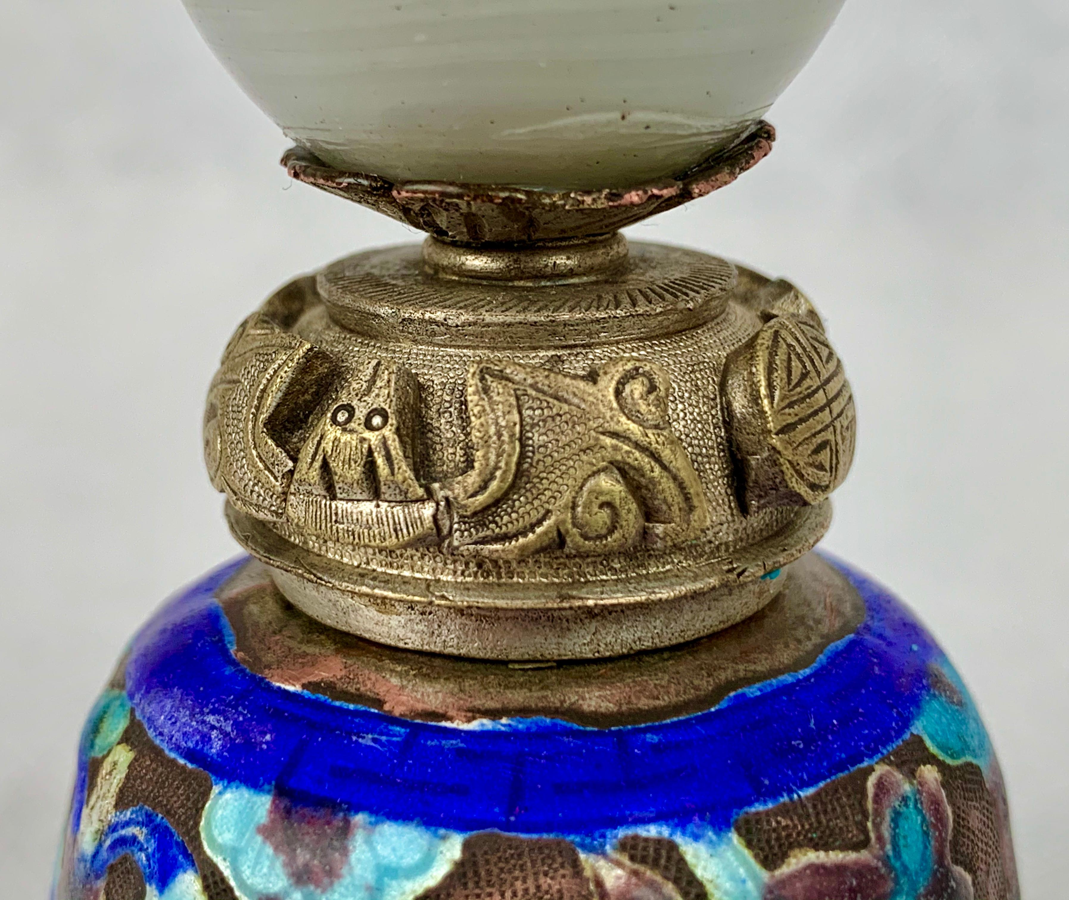 Chinoiserie  Antique Chinese Enameled Bell-Silver on Copper with peking glass finial
