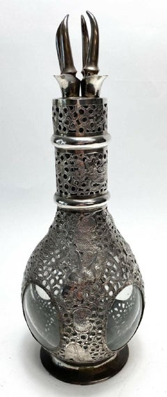 Chinese Silver Overlay Four Compartment Liquor Decanter, c1920