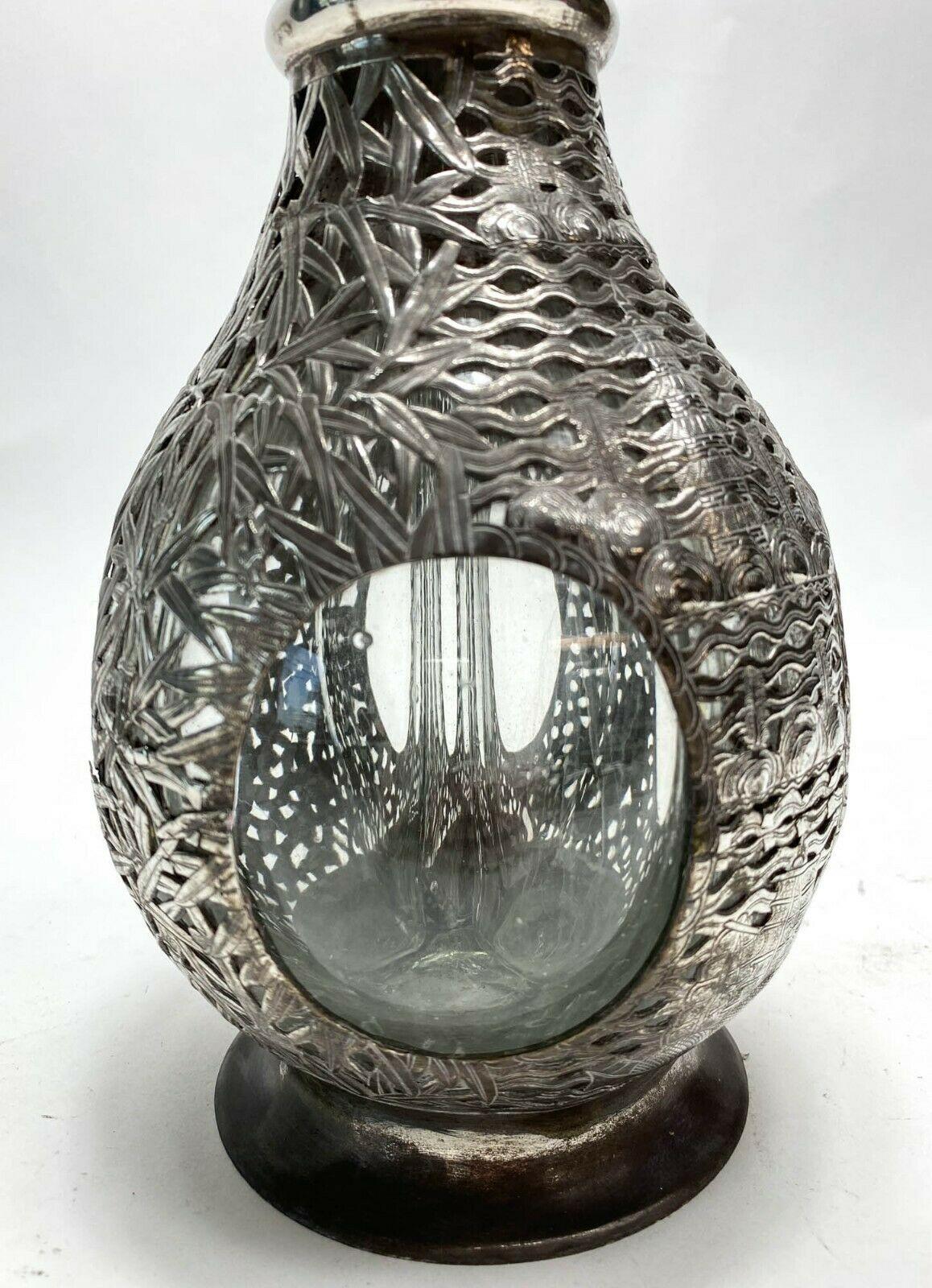 Chinese Silver Overlay Four Compartment Liquor Decanter, c1920 In Good Condition For Sale In WILMINGTON, CA