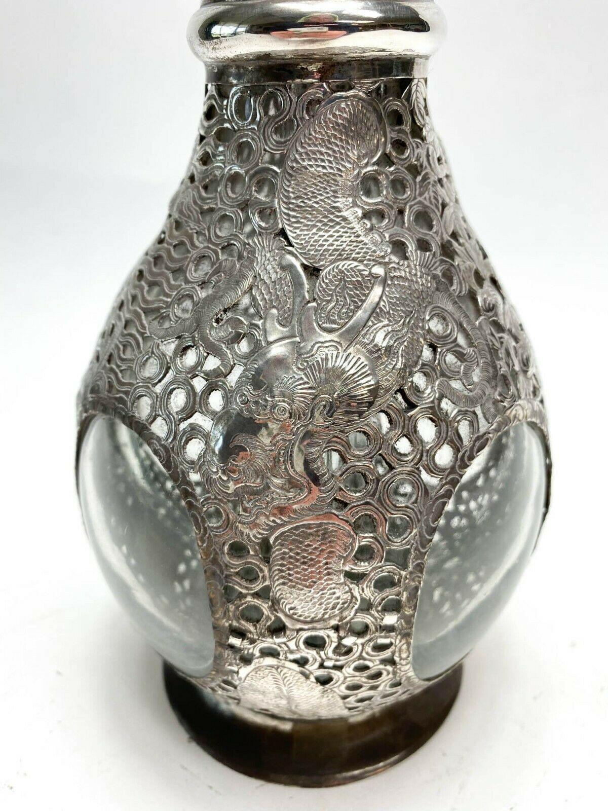 20th Century Chinese Silver Overlay Four Compartment Liquor Decanter, c1920 For Sale