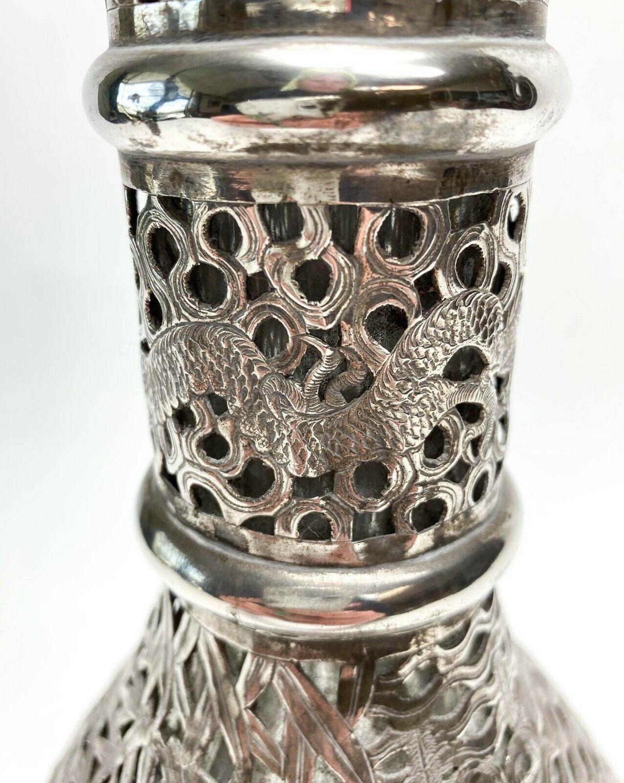 Chinese Silver Overlay Four Compartment Liquor Decanter, c1920 For Sale 3