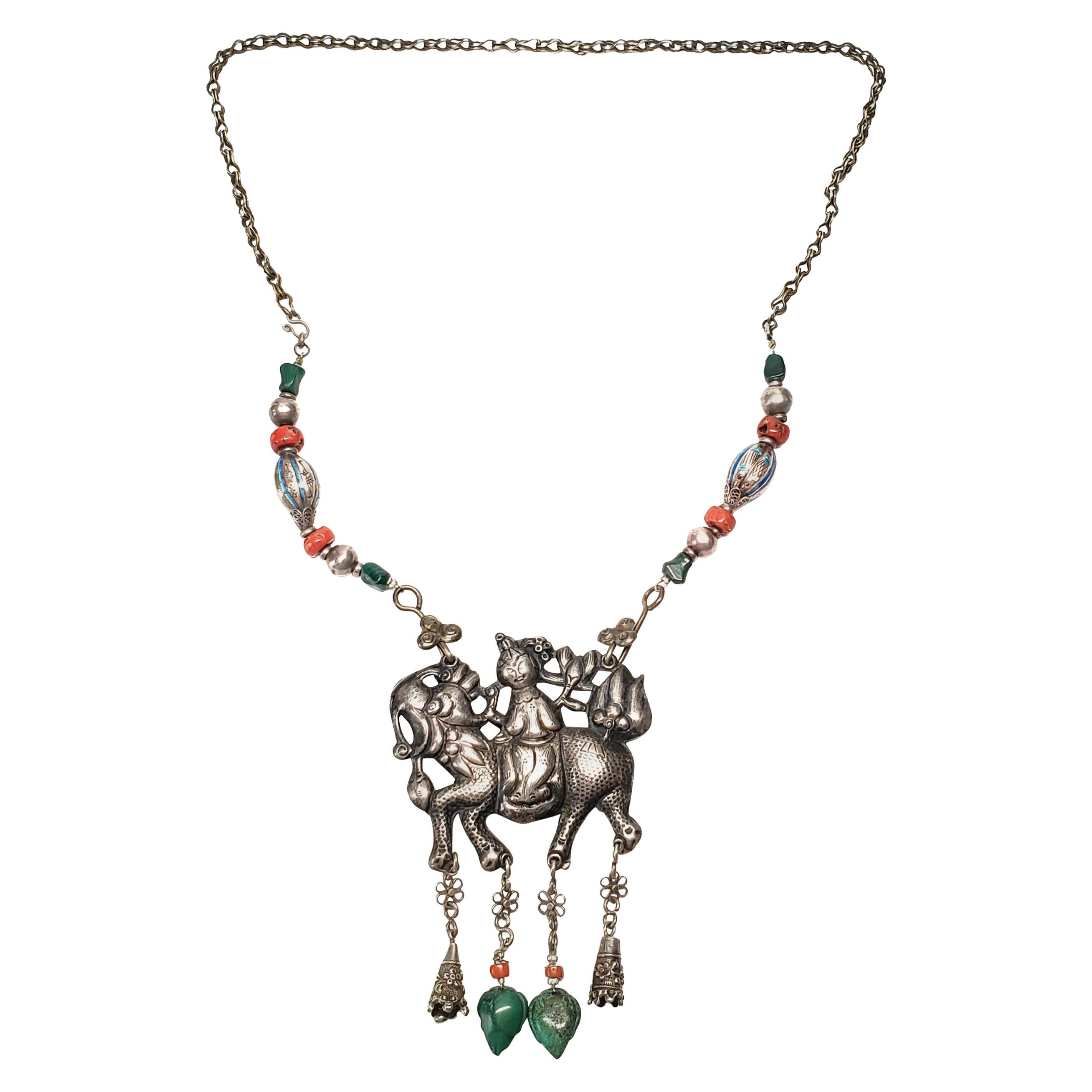 Chinese Silver Qilin Amulet Beaded Necklace