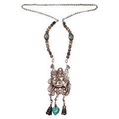 Chinese Silver Qilin Amulet Beaded Necklace