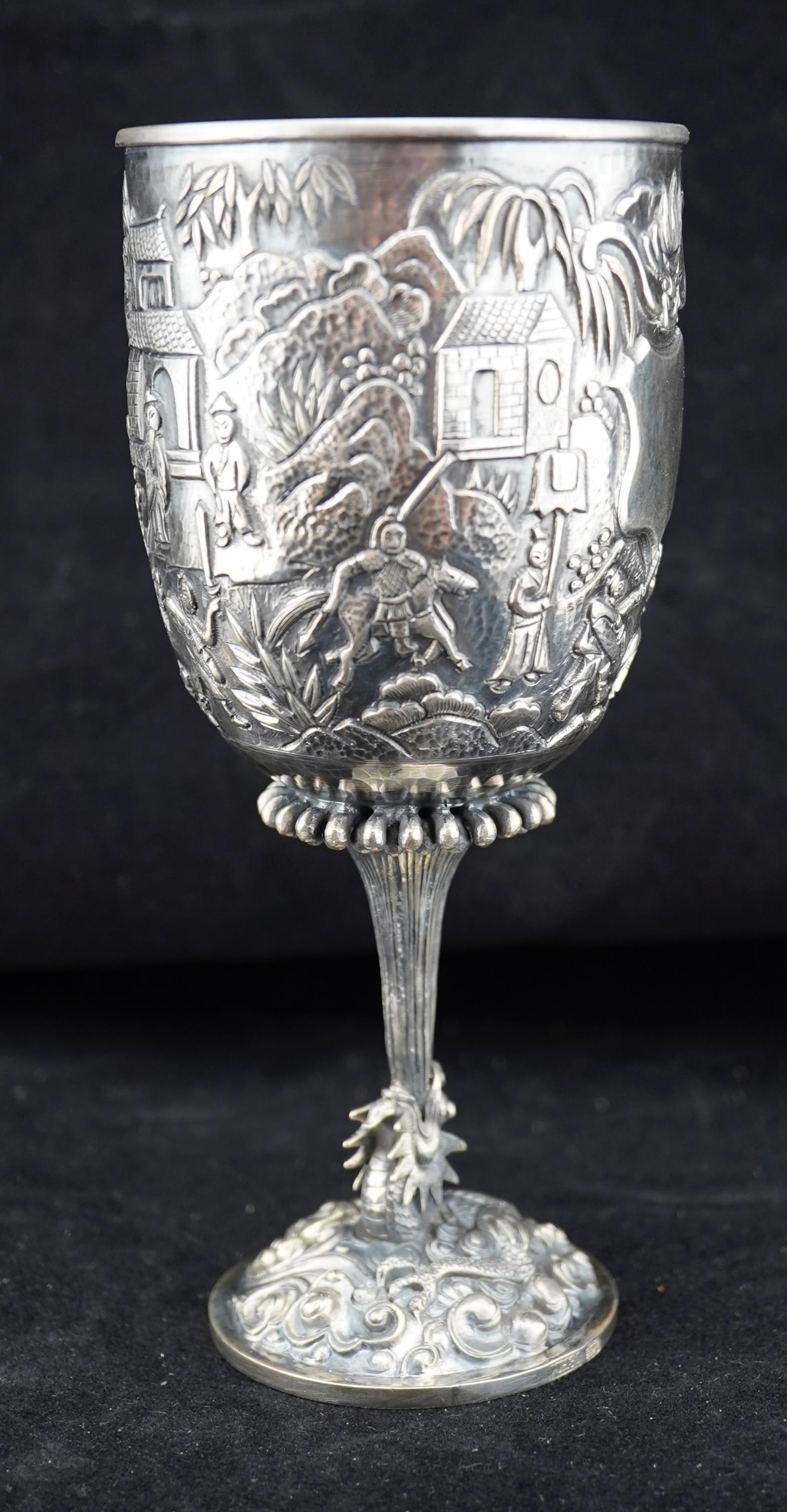Chinese Silver Repousse and Cast Goblet by Wang Hing. In Excellent Condition For Sale In Gainesville, FL