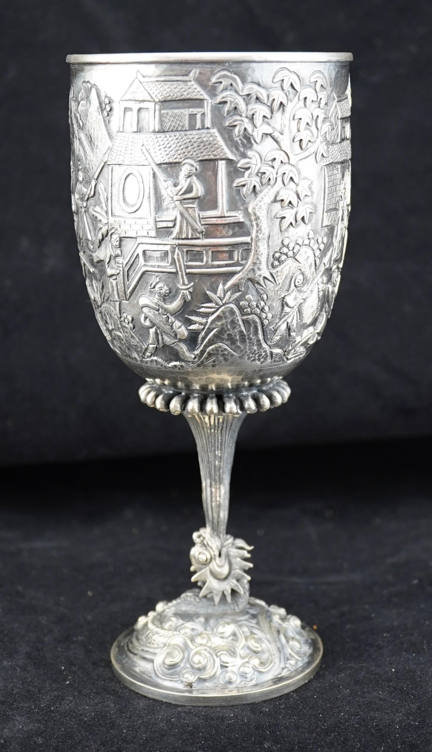 Chinese Silver Repousse and Cast Goblet by Wang Hing. For Sale 1