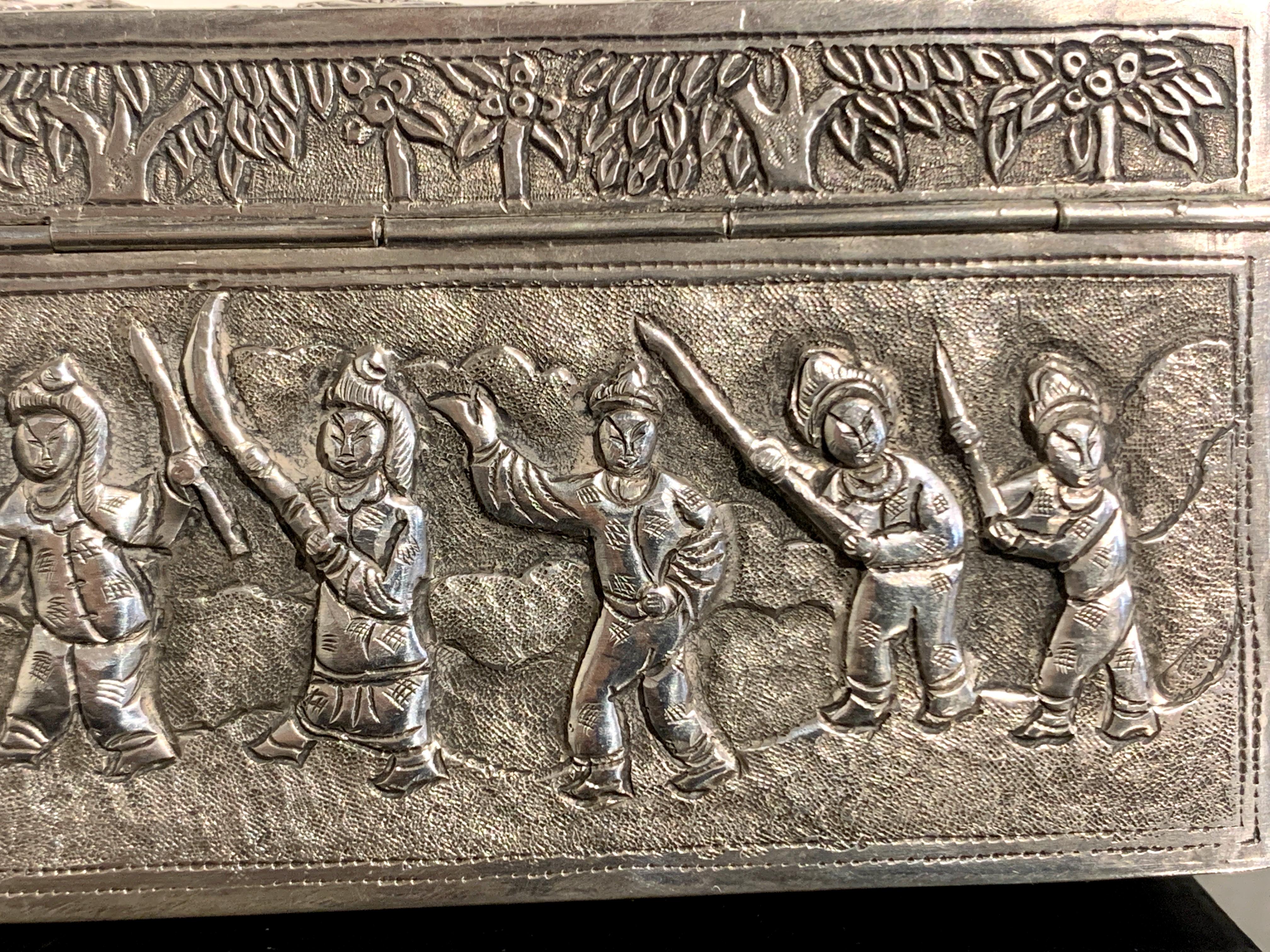 Chinese Silver Repoussé Box with Warriors, Early 20th Century, China