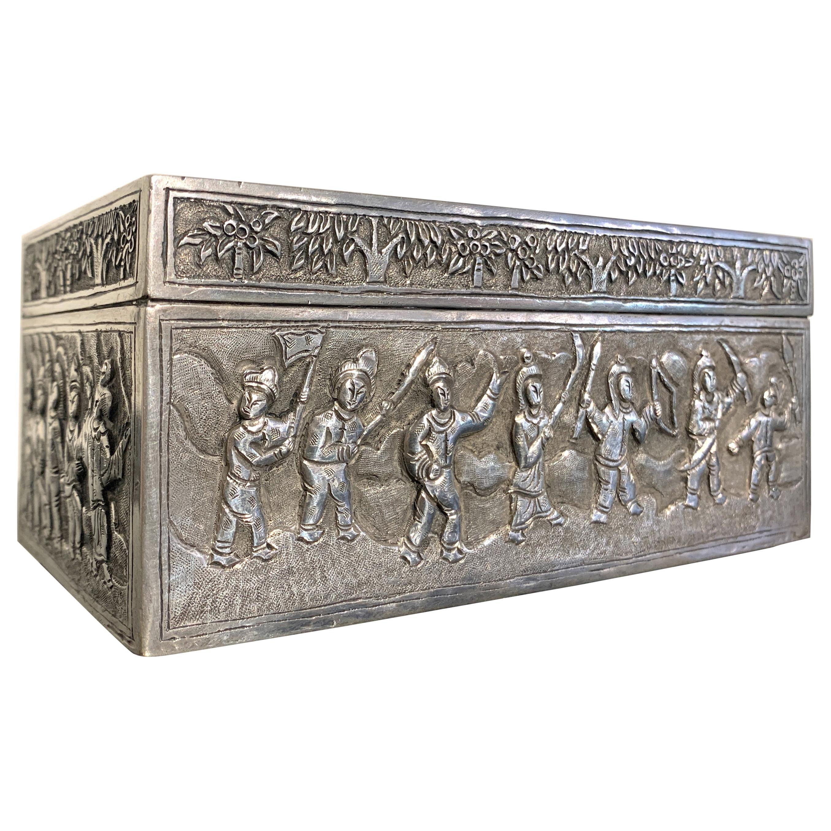 Chinese Silver Repoussé Box with Warriors, Early 20th Century, China