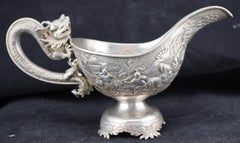 Chinese Silver Repousse Dragon Handle Sauce Boat by Luen Wo