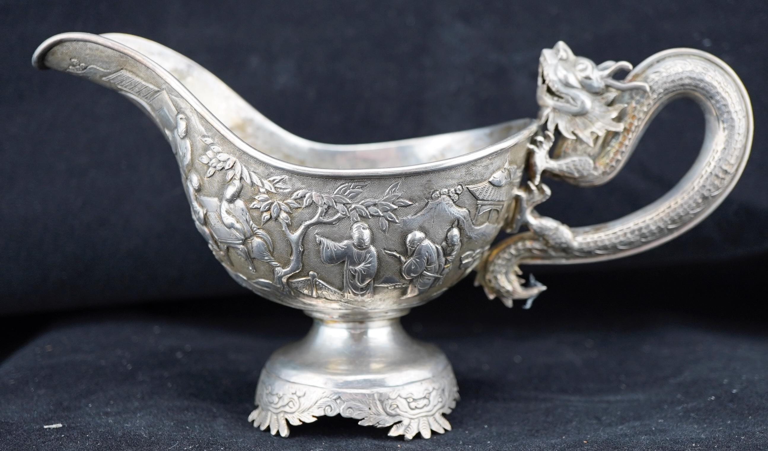 Chinese Export Chinese Silver Repousse Dragon Handle Sauce Boat by Luen Wo For Sale
