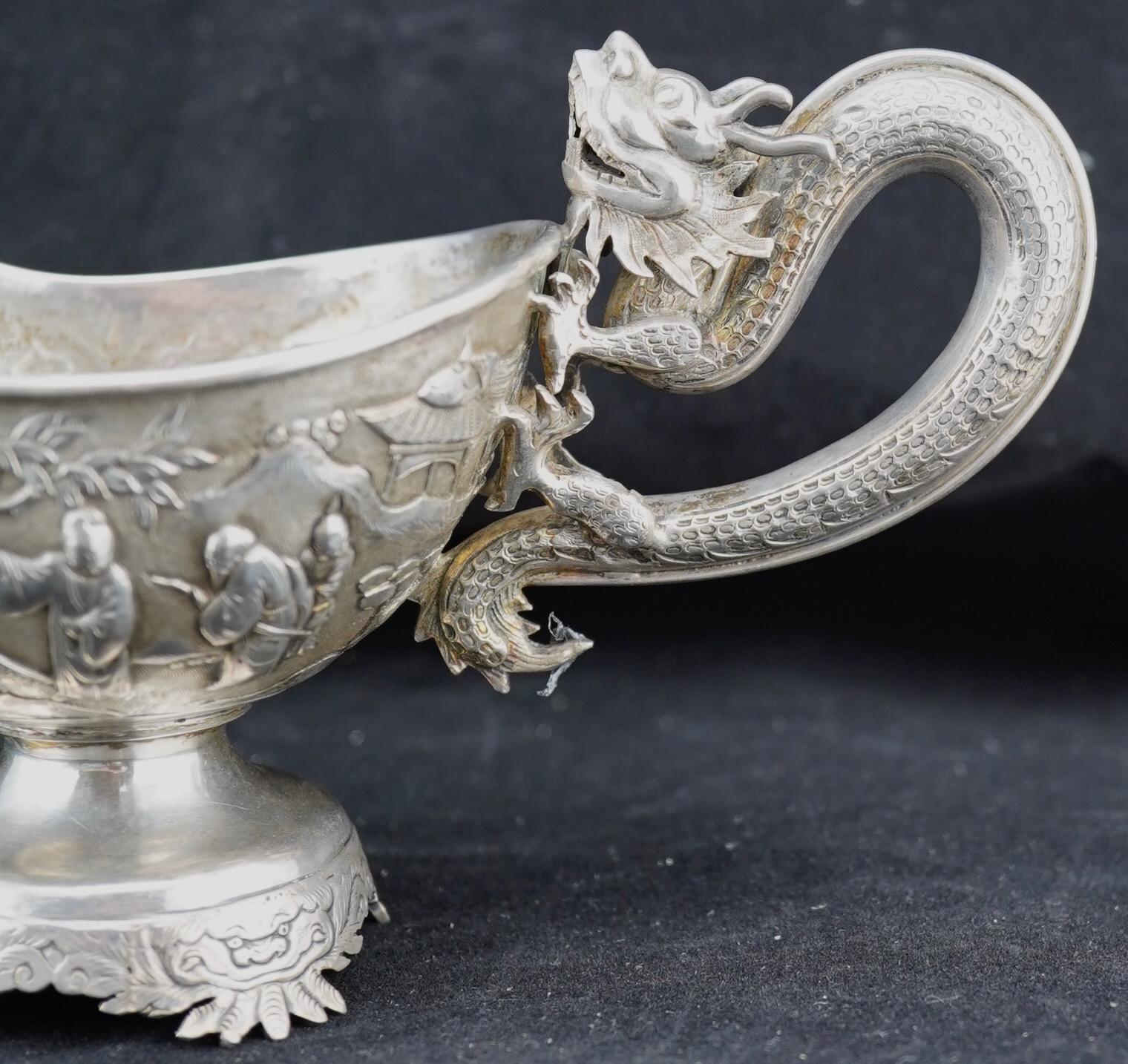 Chinese Silver Repousse Dragon Handle Sauce Boat by Luen Wo For Sale 1