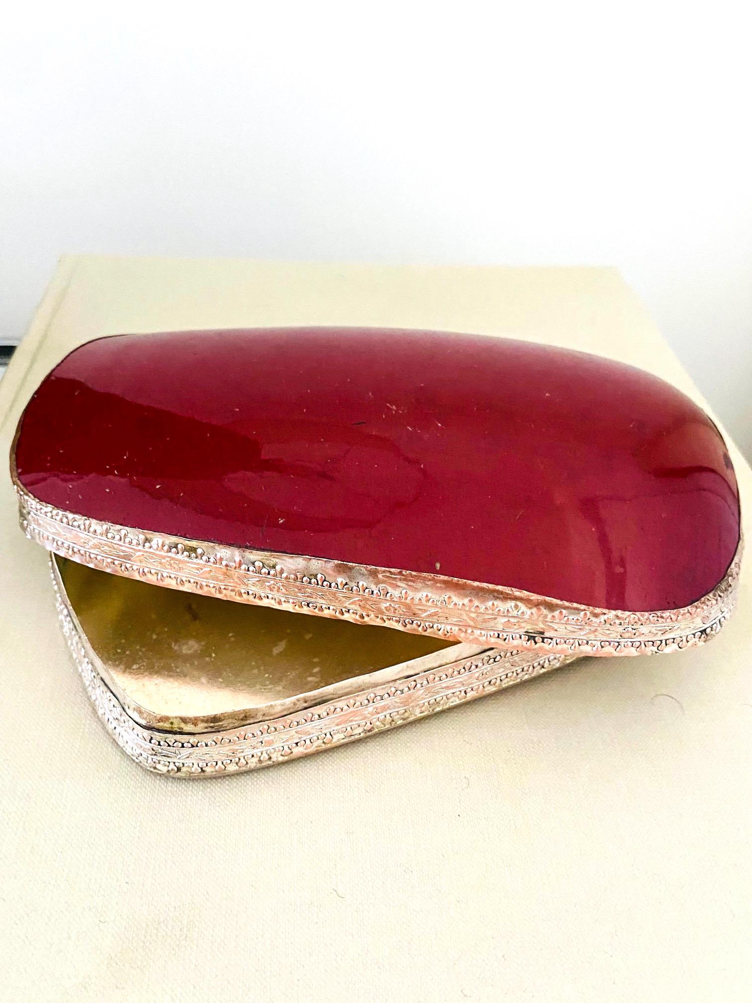 Silver Plate Silver Trinket Box with Antique Oxblood Porcelain Inset, Chinese circa 1945