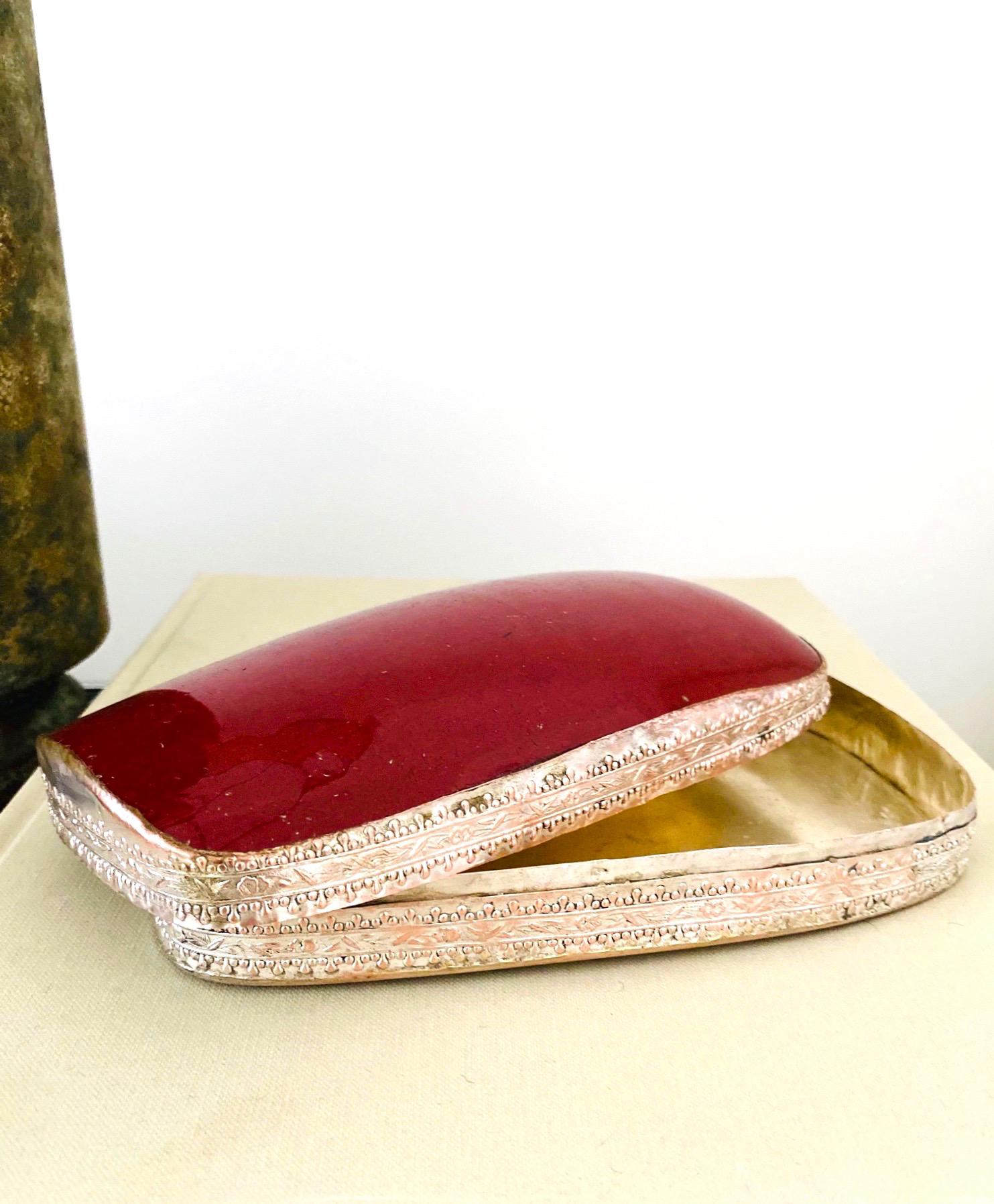 Silver Trinket Box with Antique Oxblood Porcelain Inset, Chinese circa 1945 1