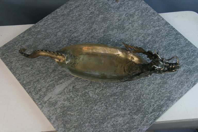 Chinese Silvered Bronze Dragon Sculpture/Serving Platter at 1stDibs