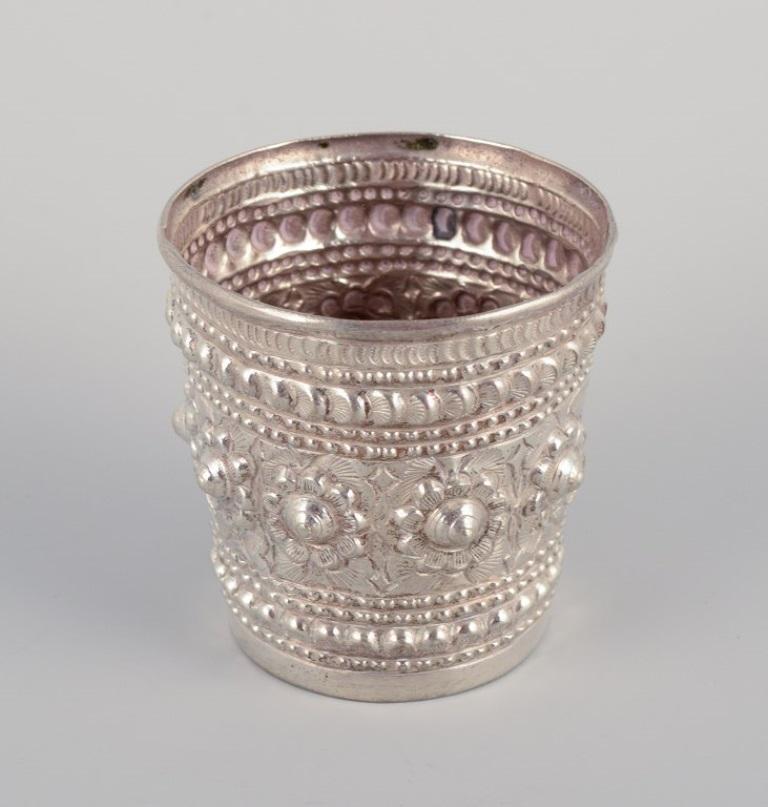 Chinese Export Chinese Silversmith, Two Small Goblets Richly Decorated in Relief, Approx. 1900 For Sale