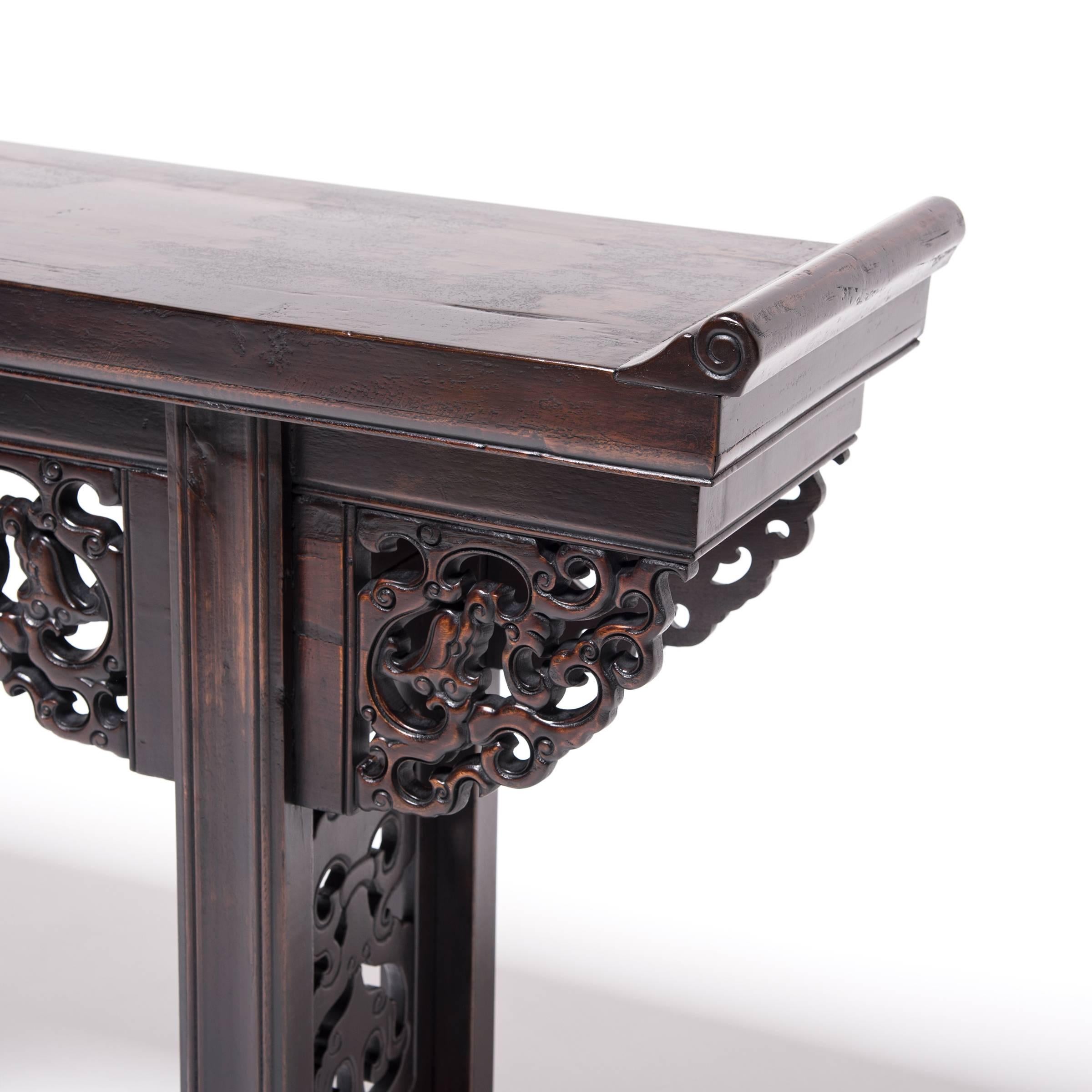 Elm Chinese Six Dragon Flanked Top Altar Table