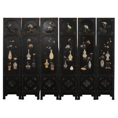 Chinese Six-Panel Carved Hardstone Lacquered Coromandel Screen