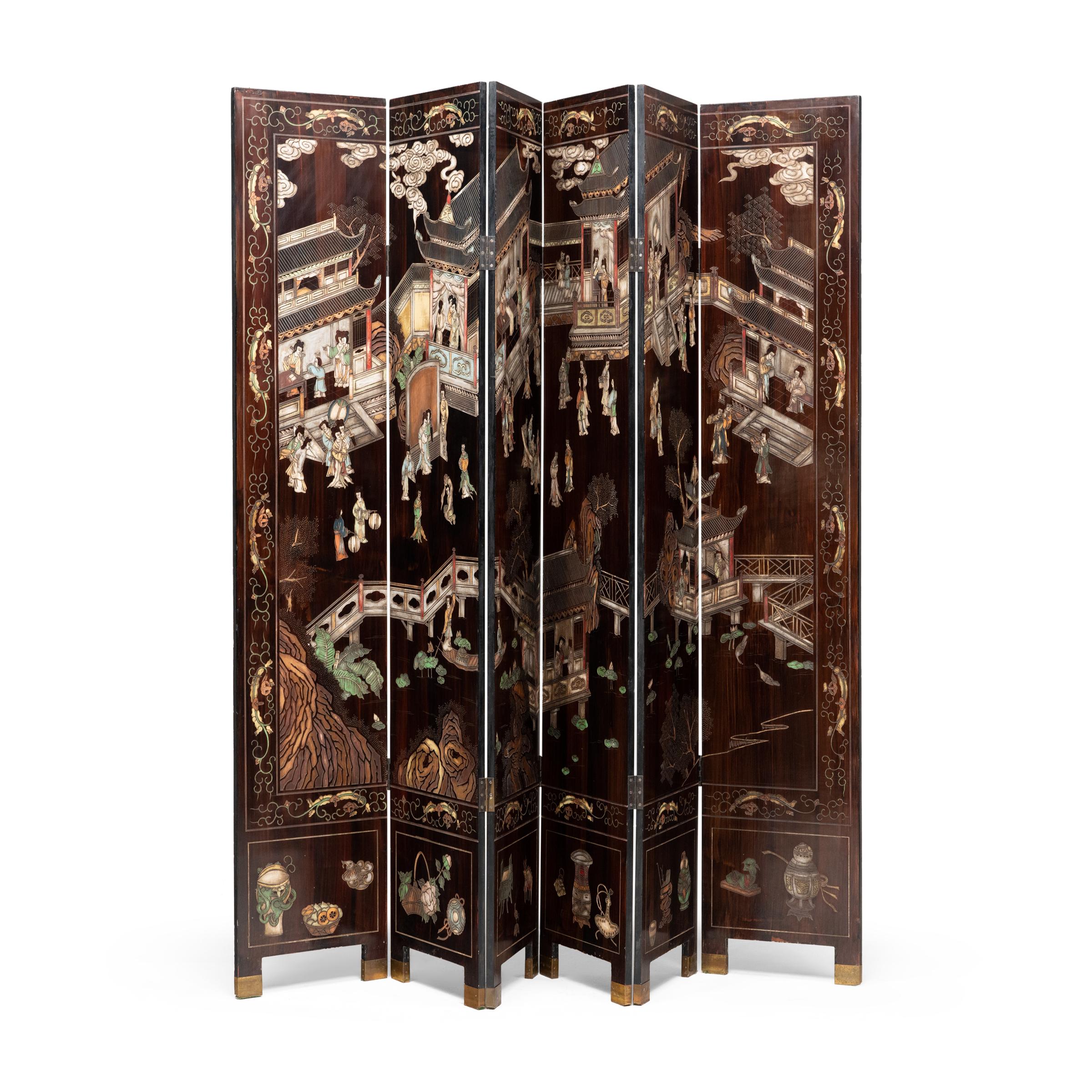 Chinoiserie Chinese Six Panel Coromandel Lacquer Folding Screen For Sale