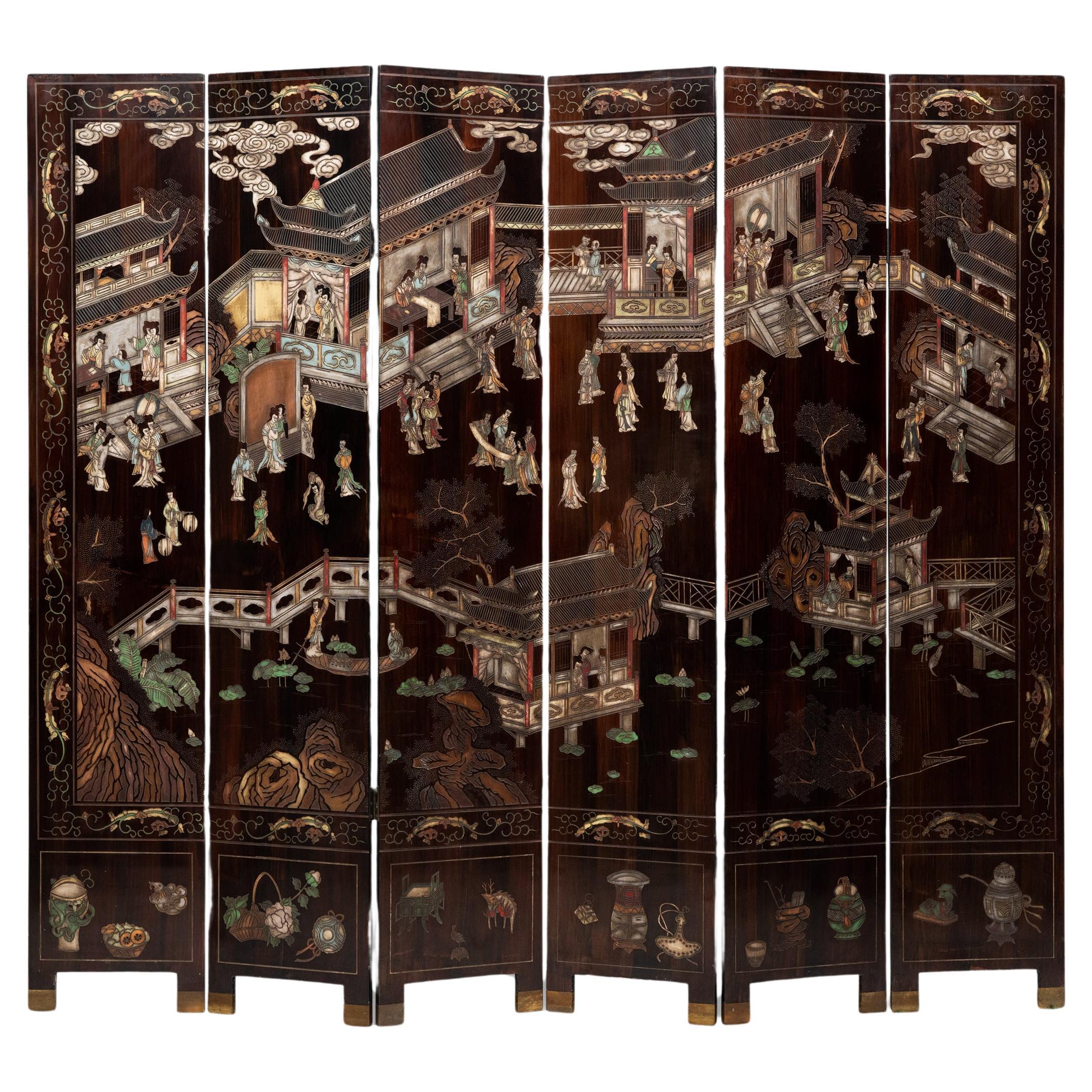 Chinese Six Panel Coromandel Lacquer Folding Screen For Sale