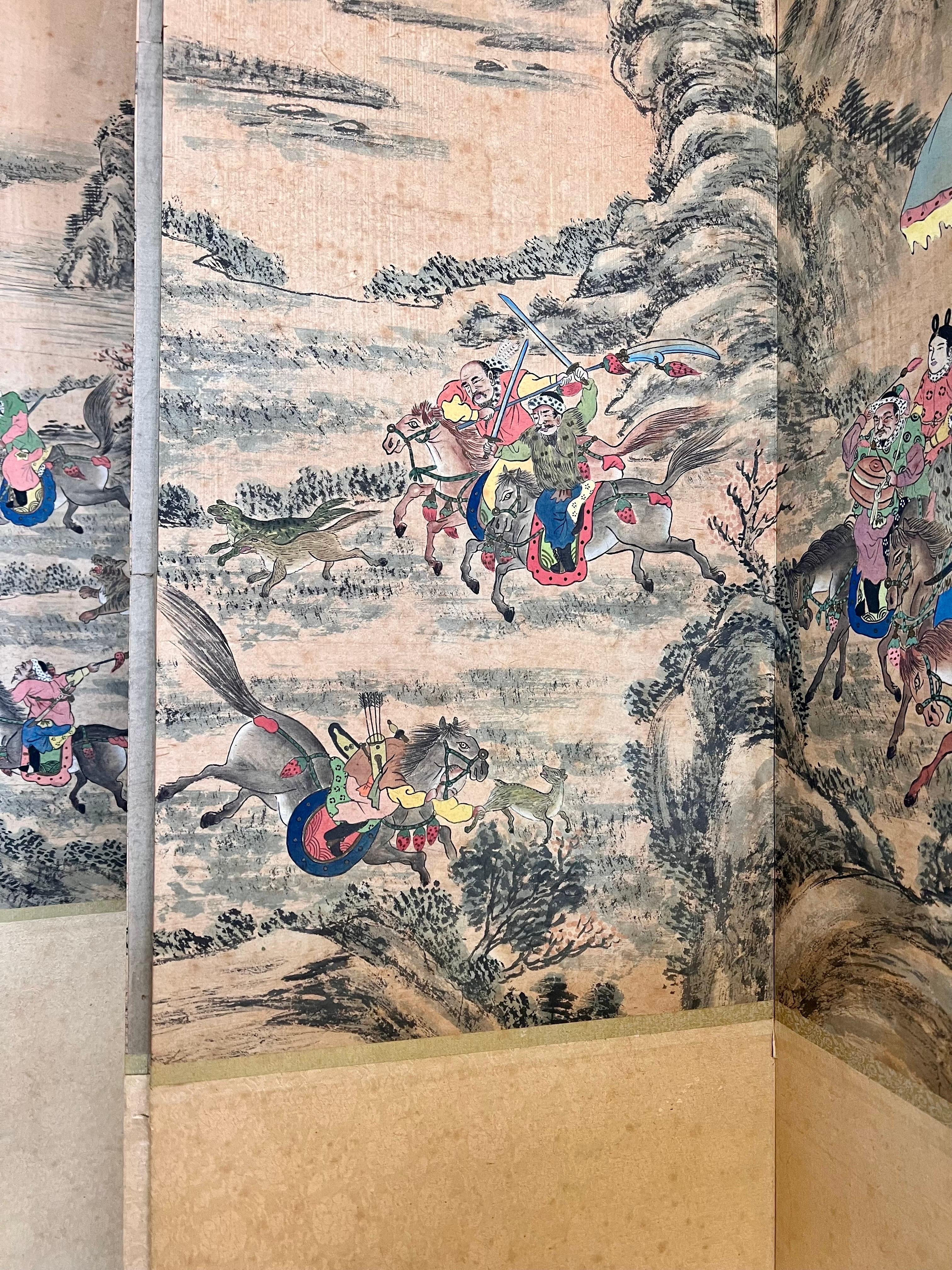 20ième siècle Paravent pliant chinois à six panneaux peint à la main, séparateur de pièce en vente