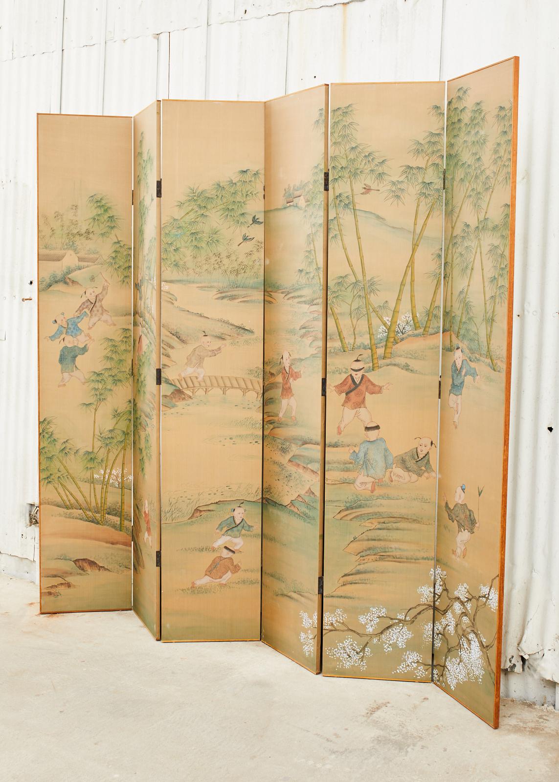 Chinese Six Panel Hand-Painted Silk Wallpaper Screen 8