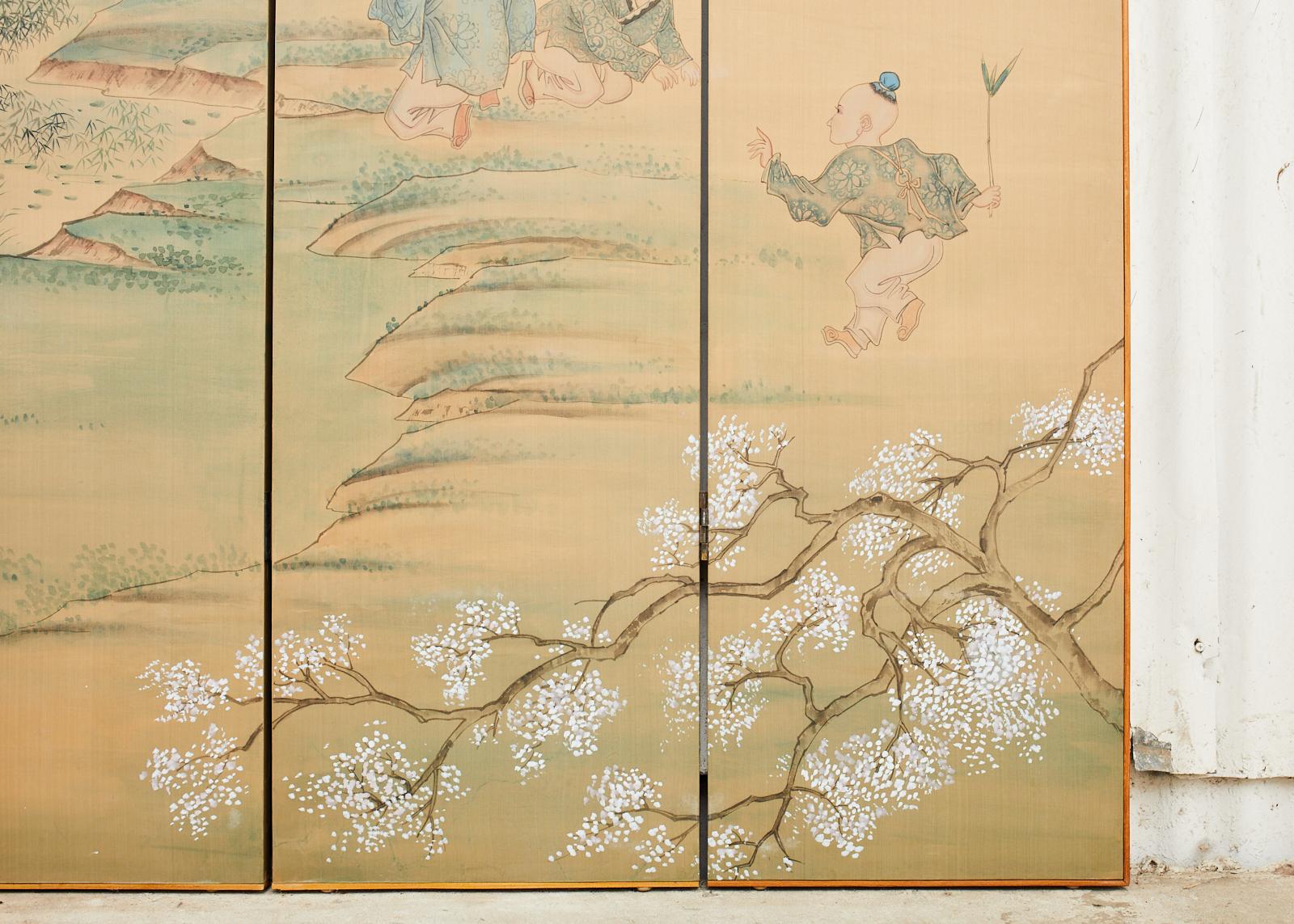 Brass Chinese Six Panel Hand-Painted Silk Wallpaper Screen