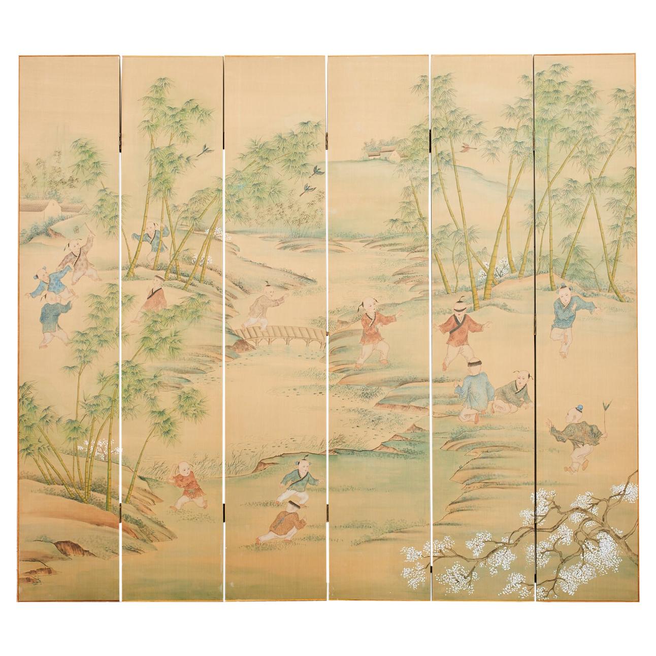 Chinese Six Panel Hand-Painted Silk Wallpaper Screen