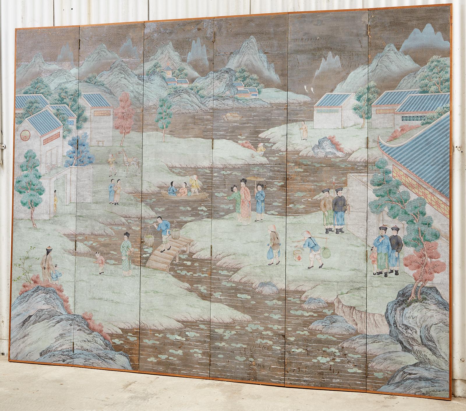 Chinese Six Panel Hand-Painted Silver Leaf Wallpaper Screen In Good Condition In Rio Vista, CA