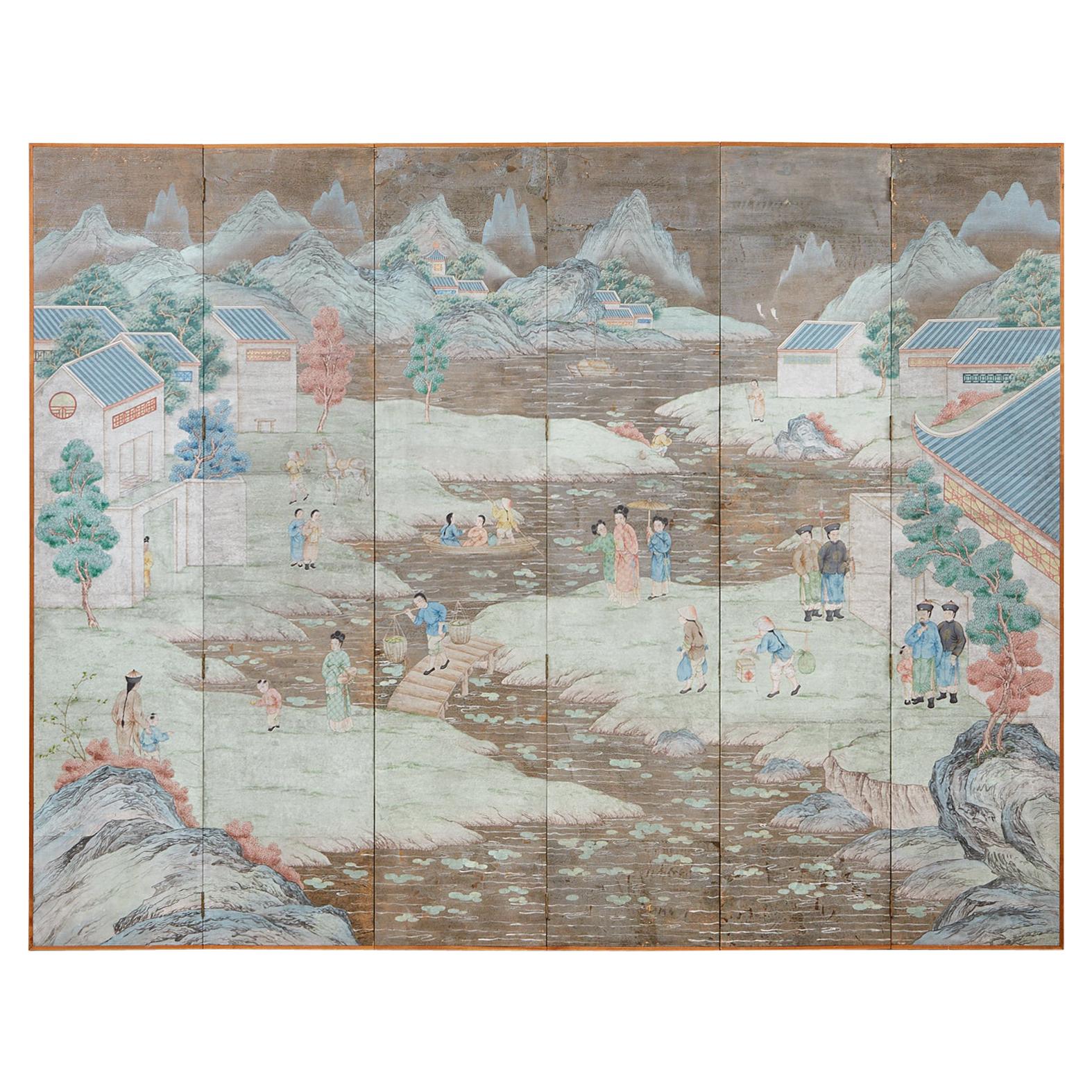 Chinese Six Panel Hand-Painted Silver Leaf Wallpaper Screen