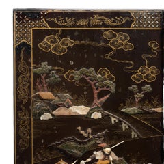 Chinese Six Panel Inlaid Folding Screen of Courtyards & Cavalry, c. 1900