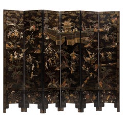 Chinese Six Panel Inlaid Folding Screen of Courtyards & Cavalry, c. 1900